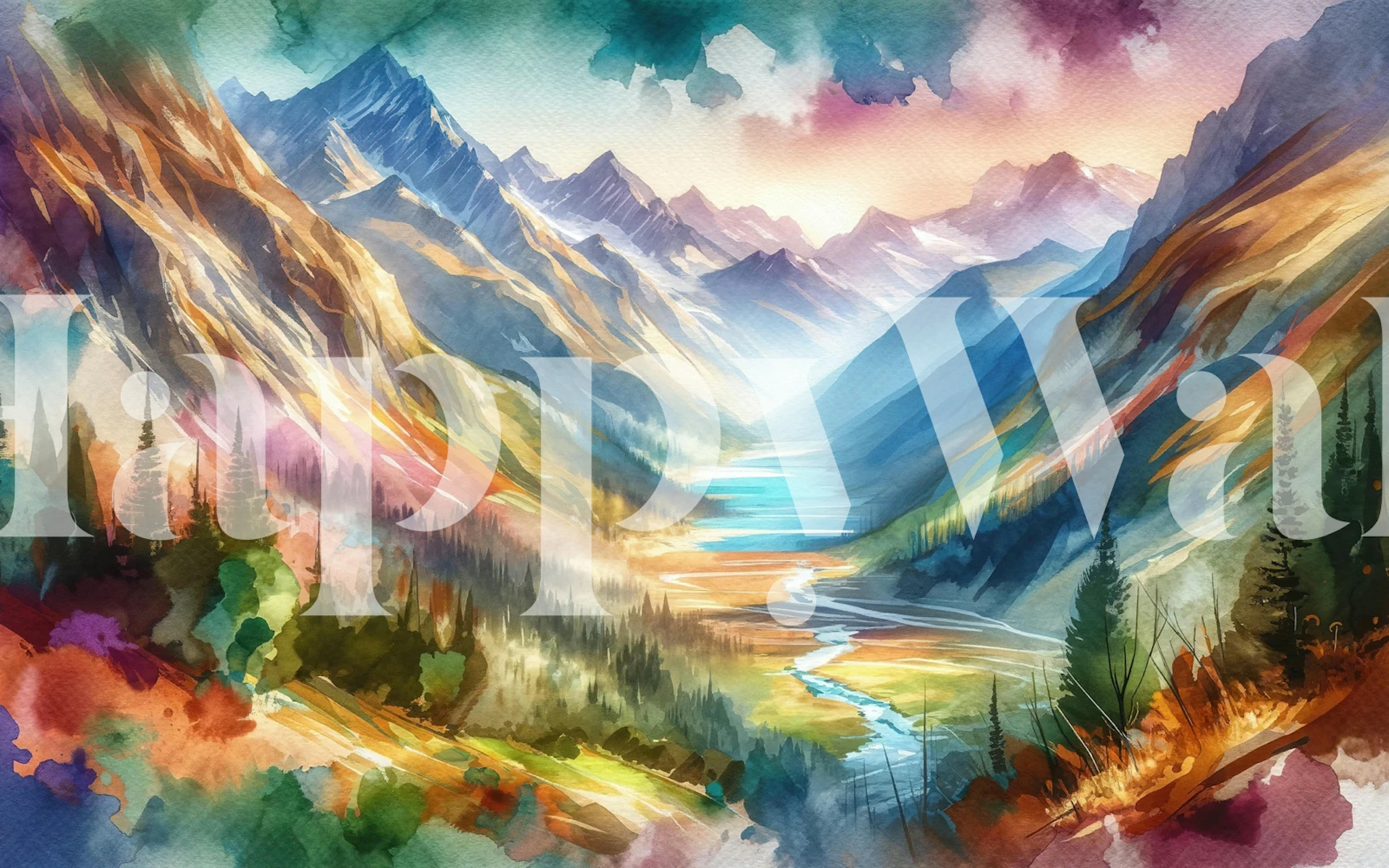 Färgglad bergsdals tapet i ett rum