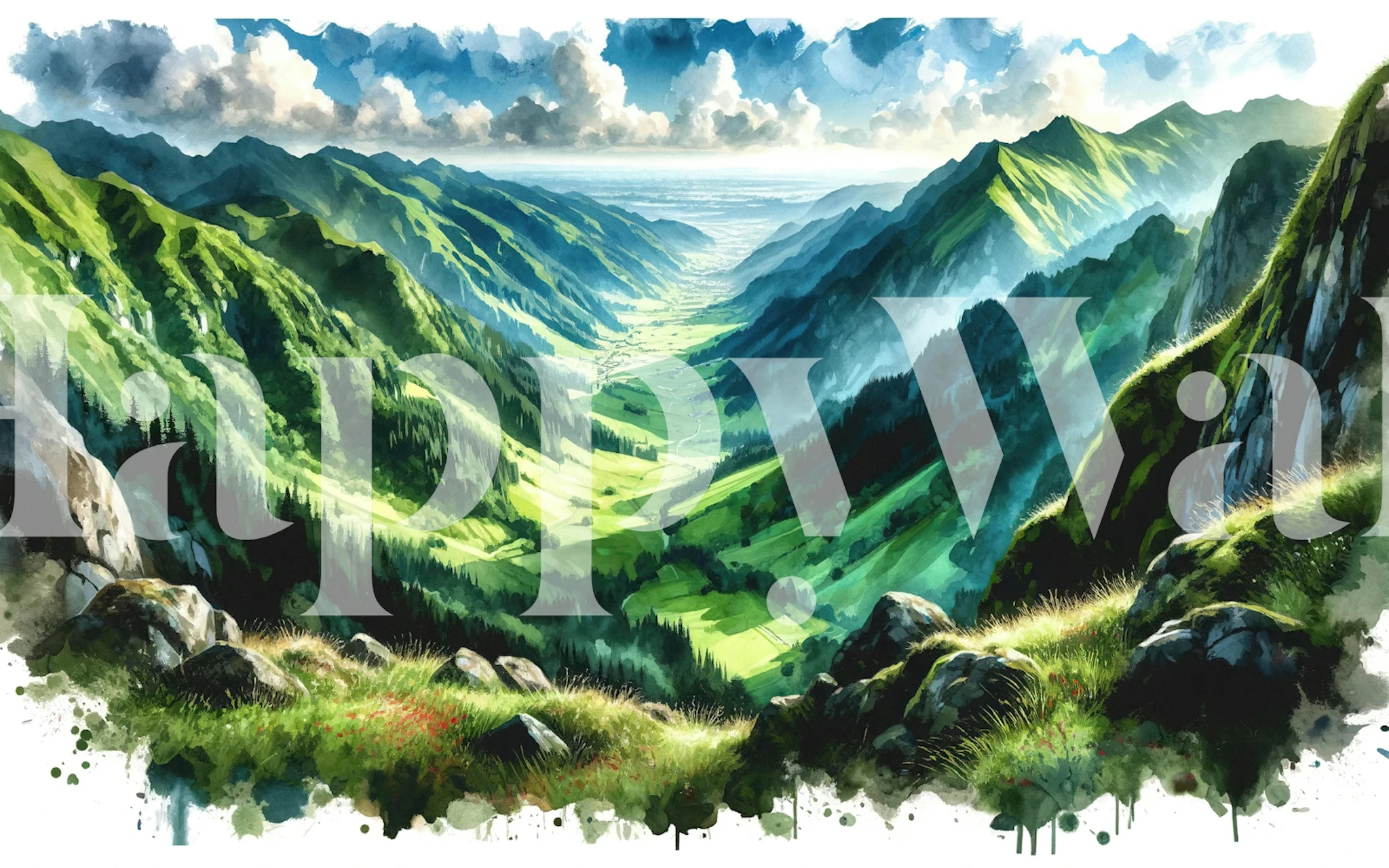 Expansive Mountain Valley wallpaper in a room