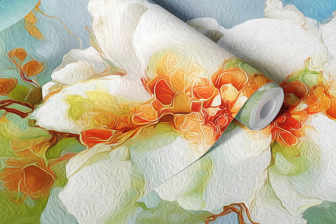 Aqua Cloud Florals with Gold Lines wallpaper roll