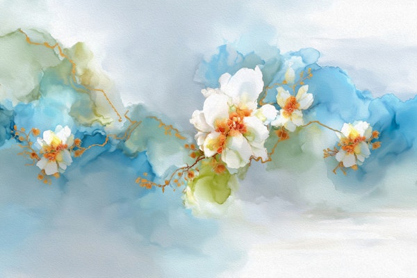 Aqua Cloud Florals with Gold Lines