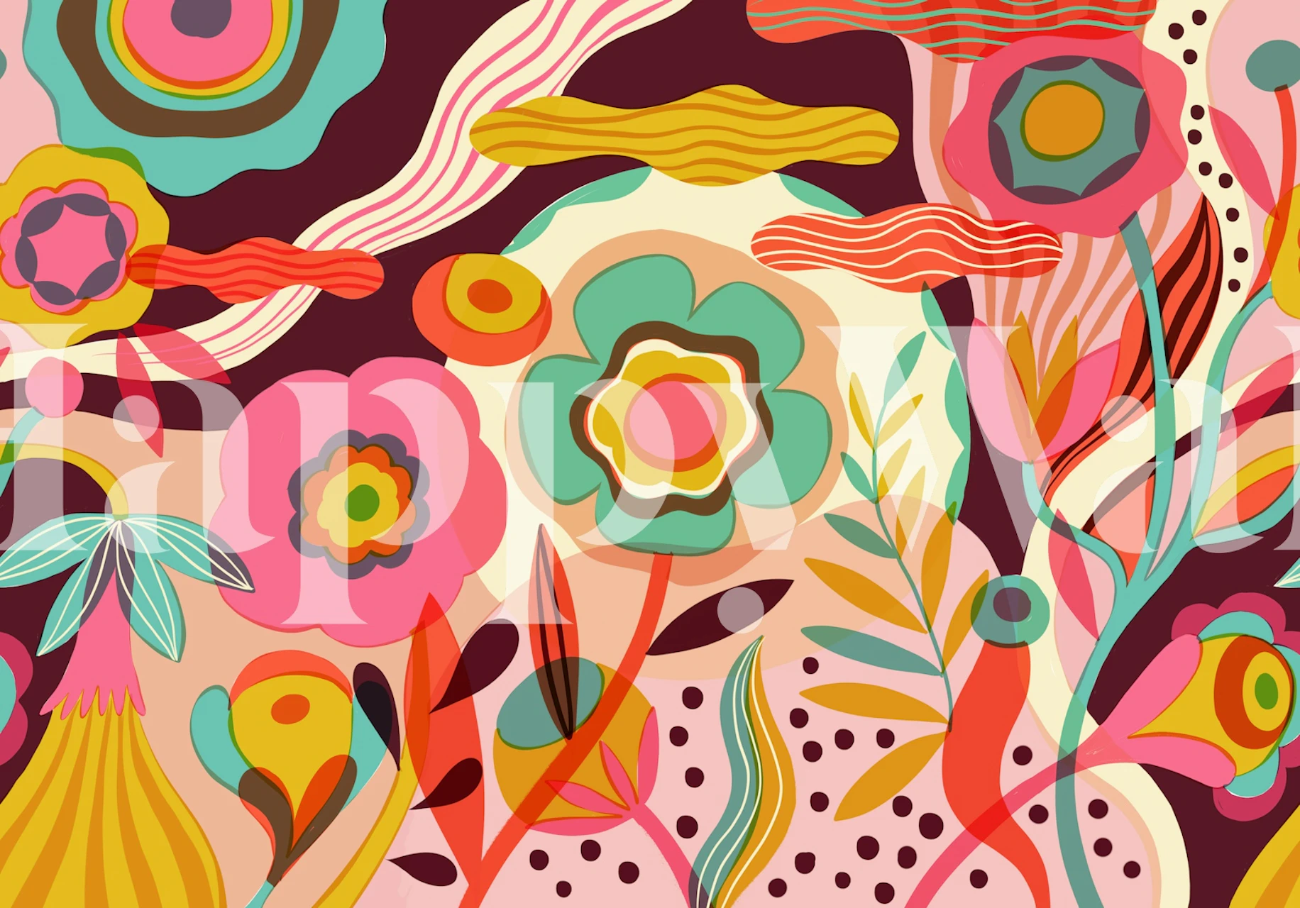 Colorful floral wallpaper design on a wall