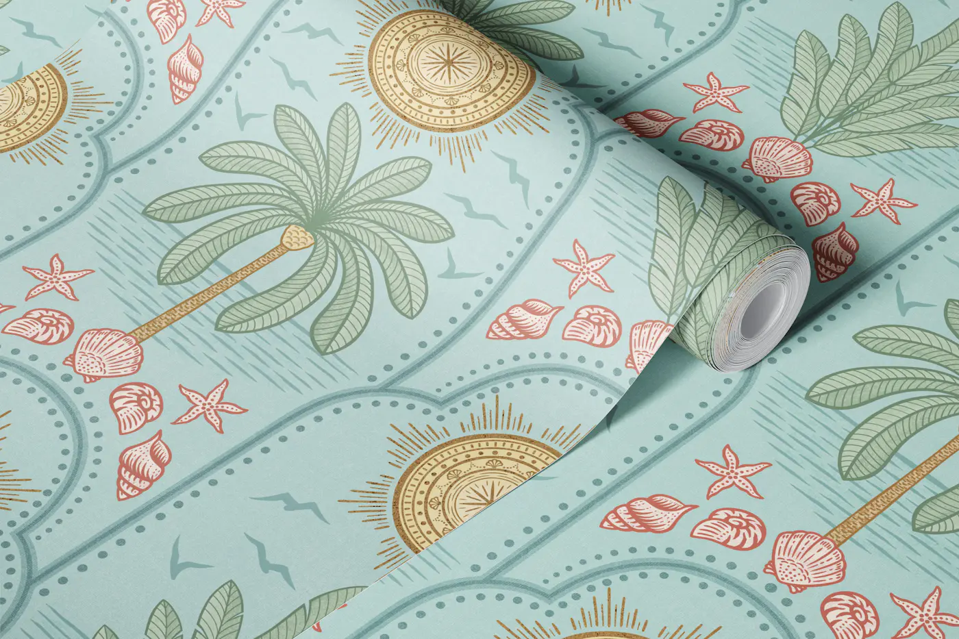 Boho Sunny Beach - palms and shells wallpaper roll