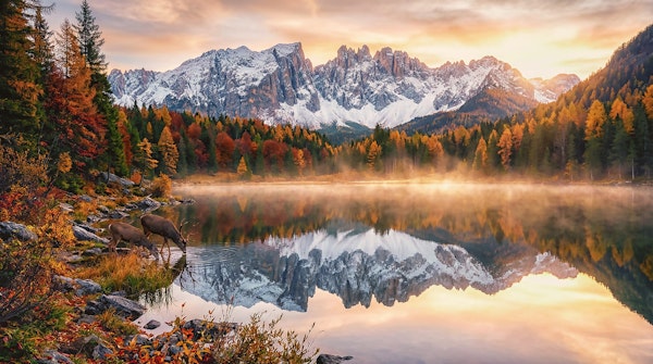 Alpine Autumn Reflection with Deer