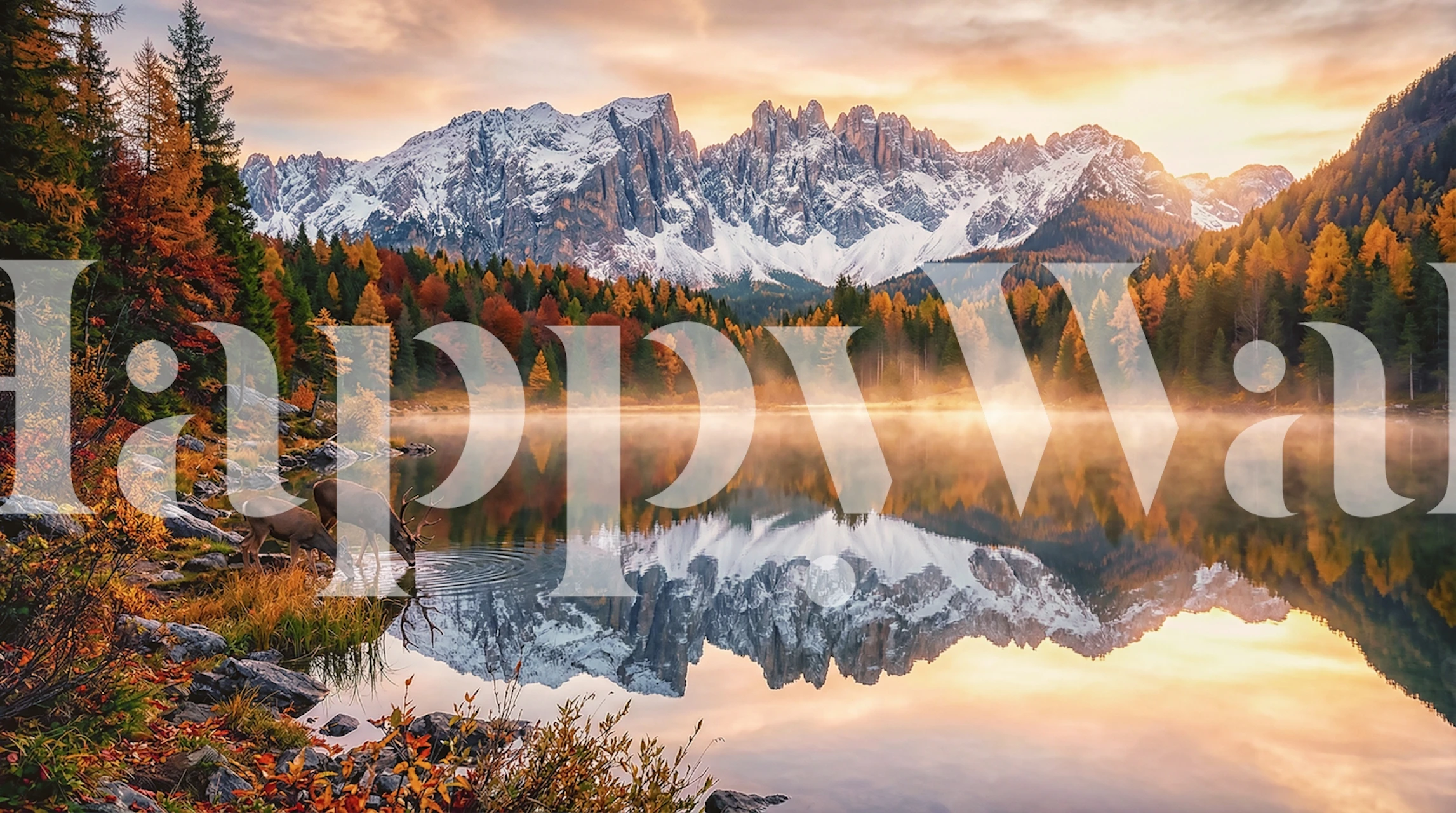 Alpine autumn wallpaper with deer and mountains