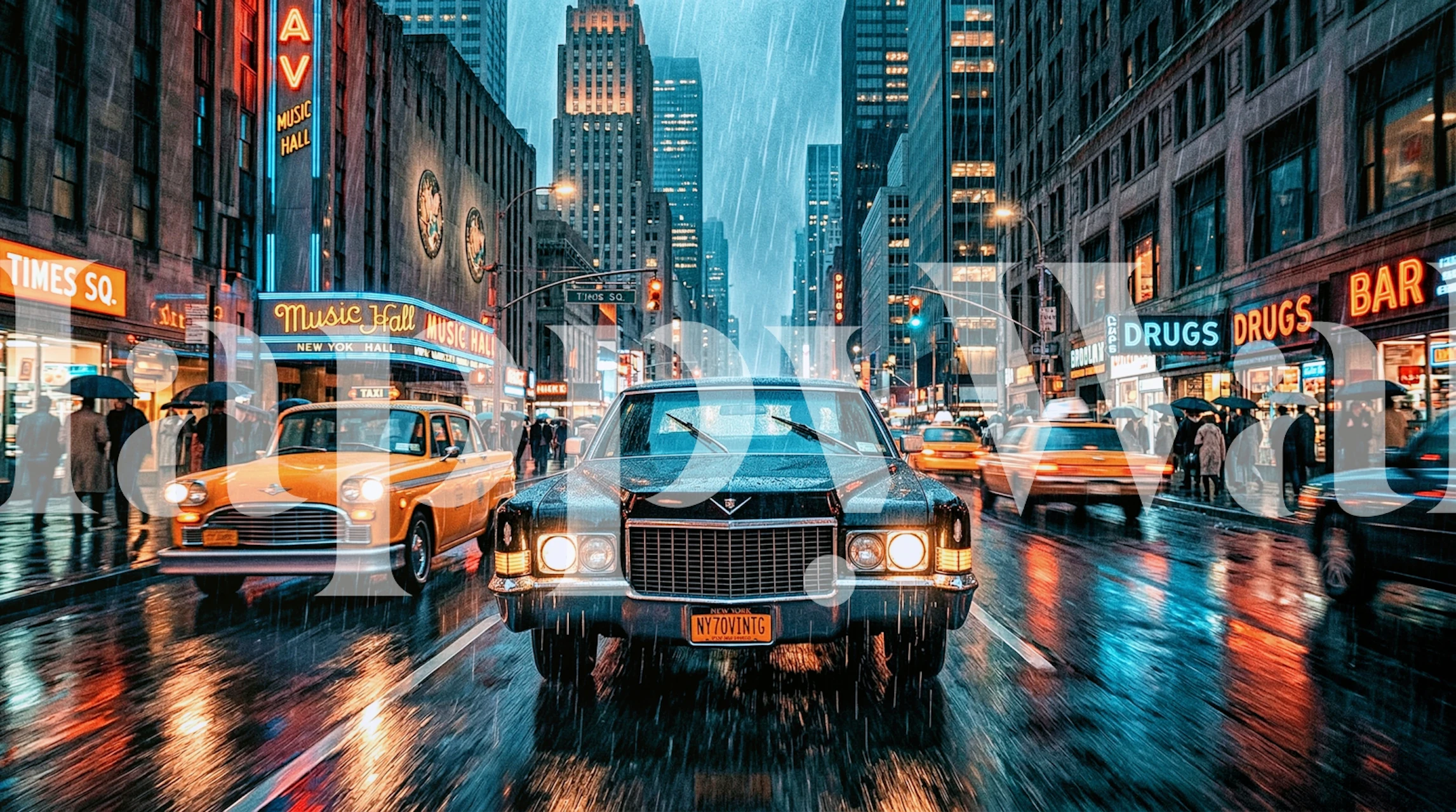 Neon Rain NYC Streets behang in een kamer