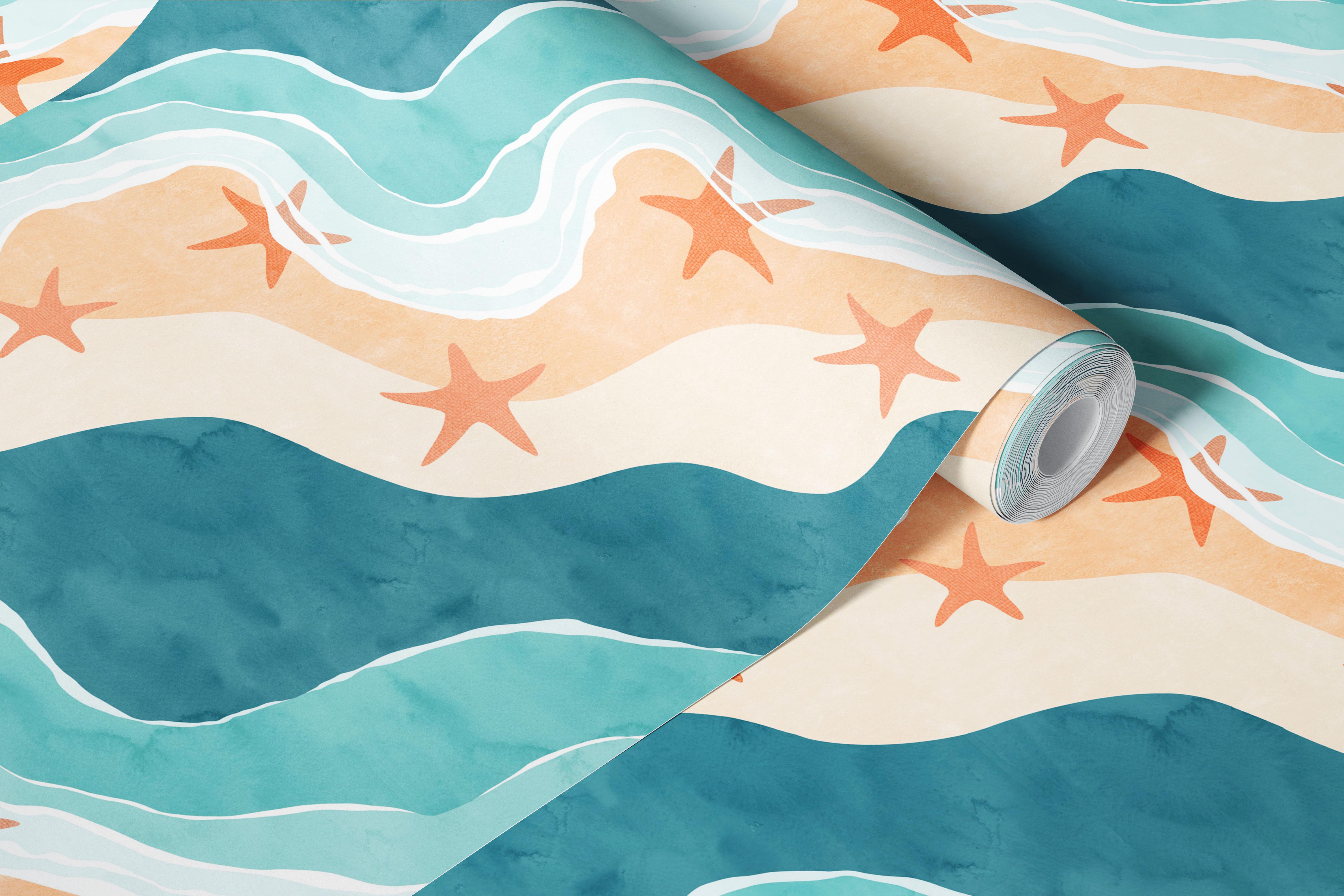 Teal Tides on Peachy Shores wallpaper in a room