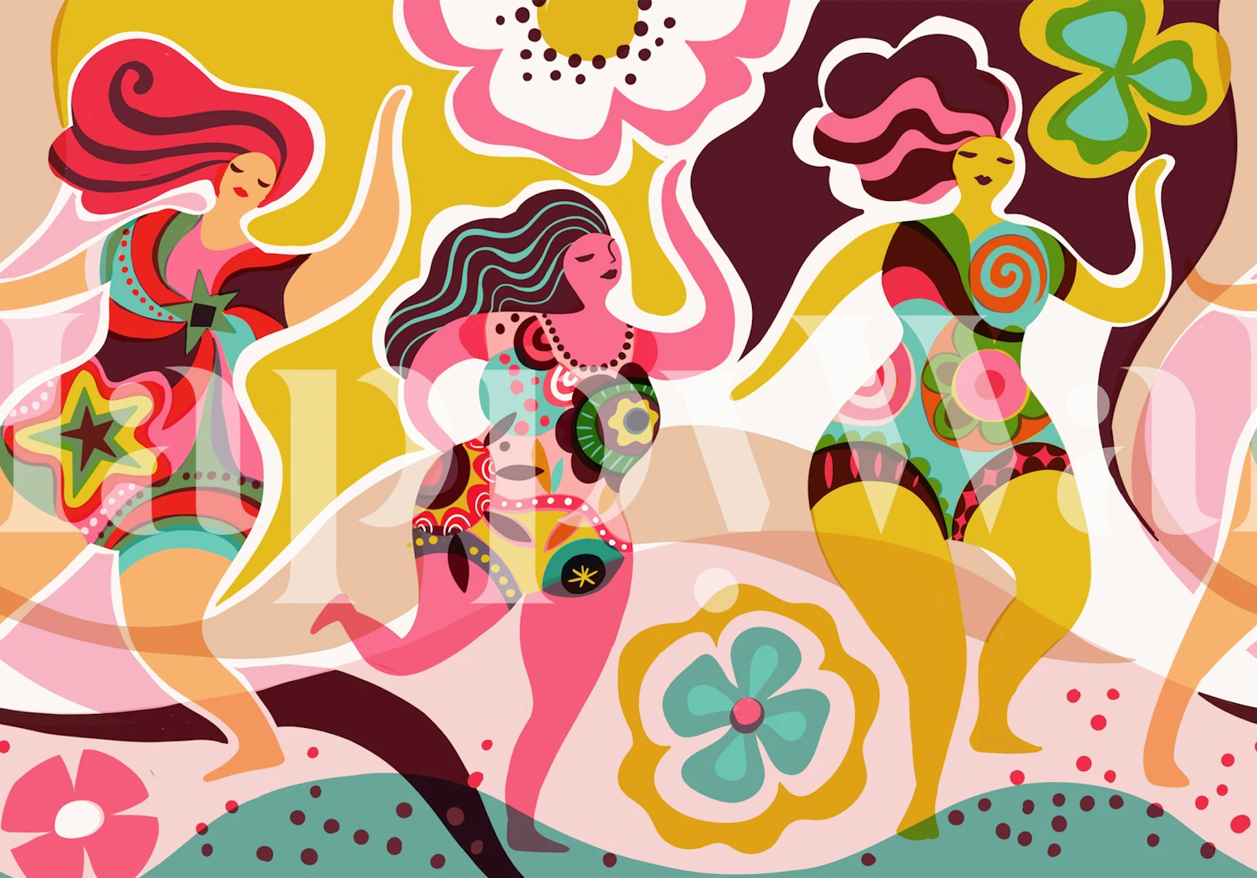 Dancing beauties on the flower beach wallpaper