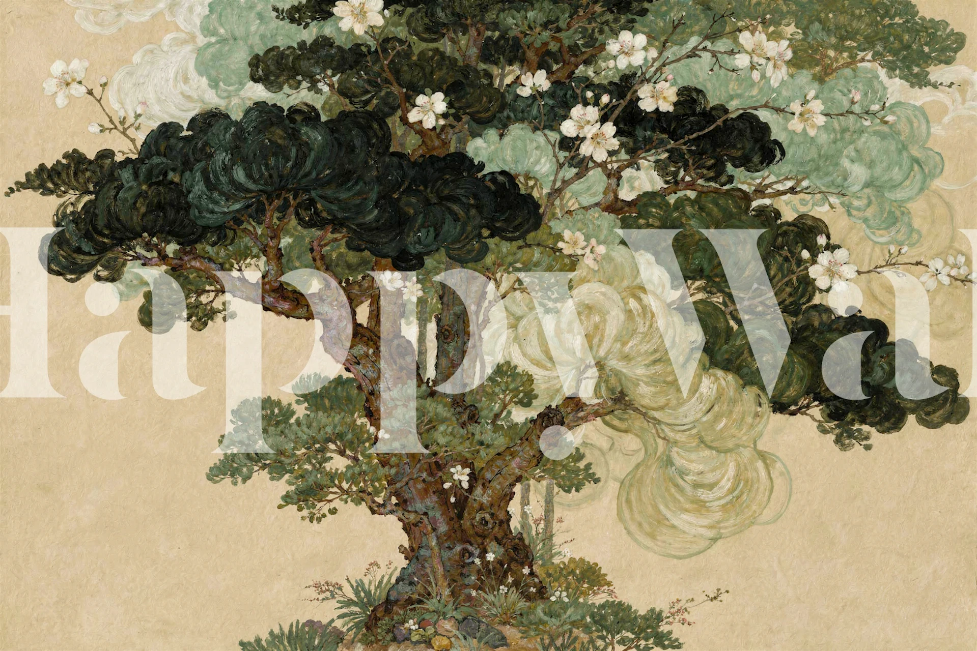 Lush Green Cherry Tree Fantasy wallpaper in a room