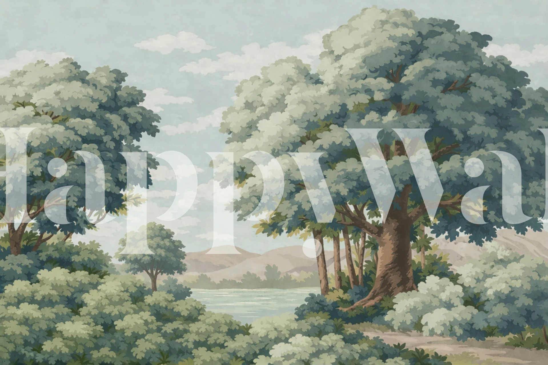 Tapet cu copaci de la țară și vedere la lac într-o cameră