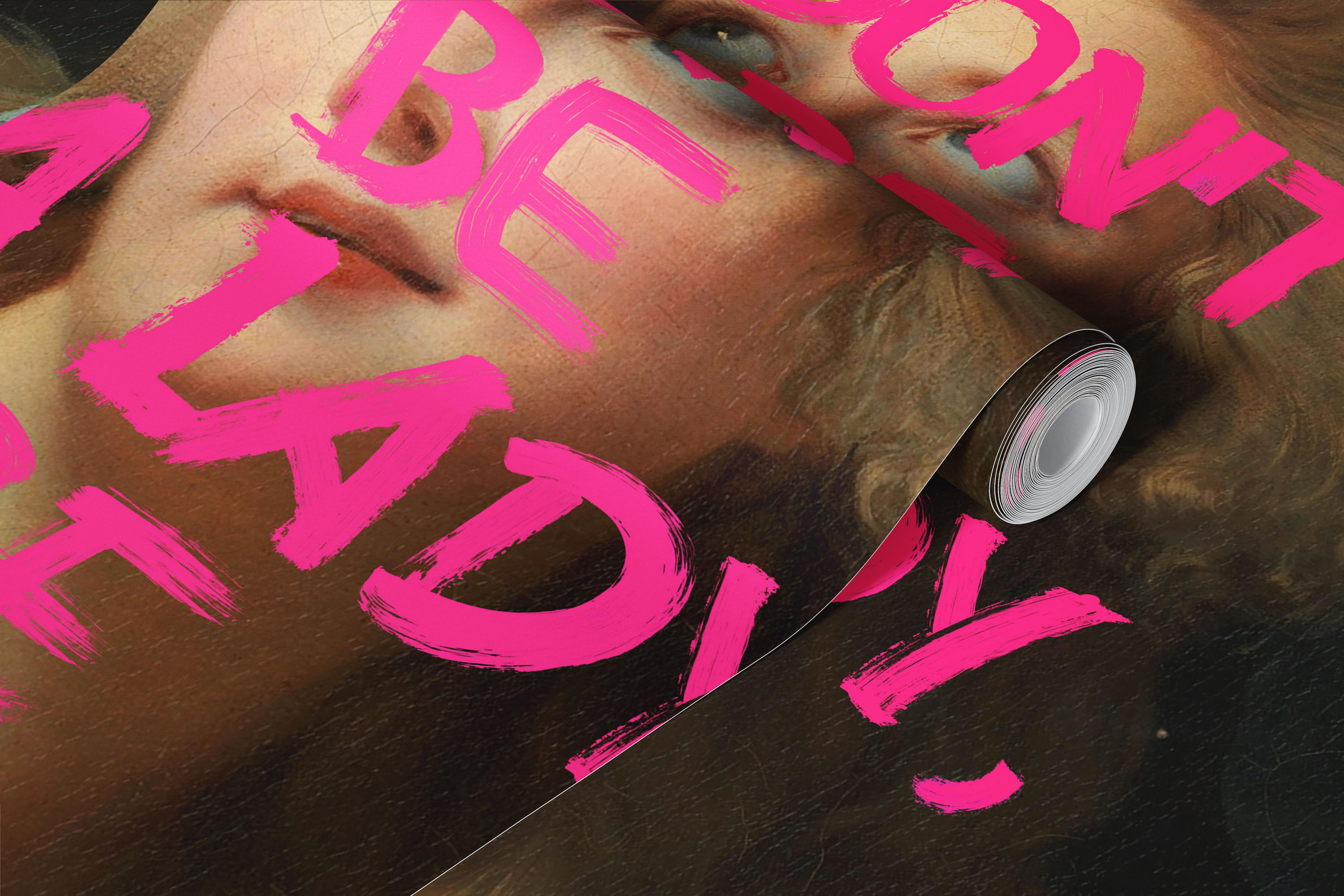 Feminist slogan wallpaper with classical lady design