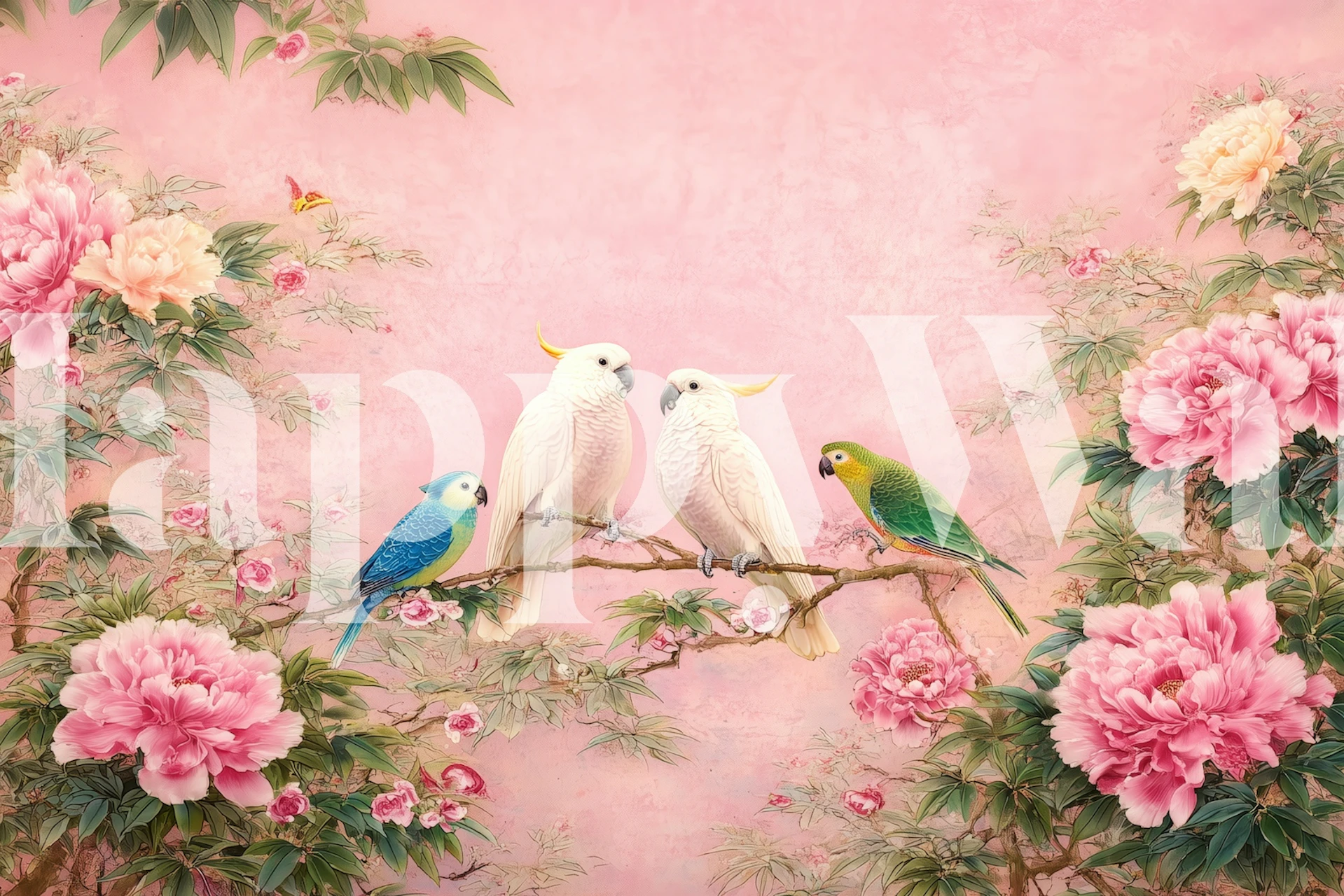 Tapeta Parrots and Peonies Garden w pokoju