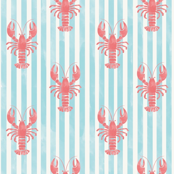 Handpainted Red Lobster on Blue Stripes