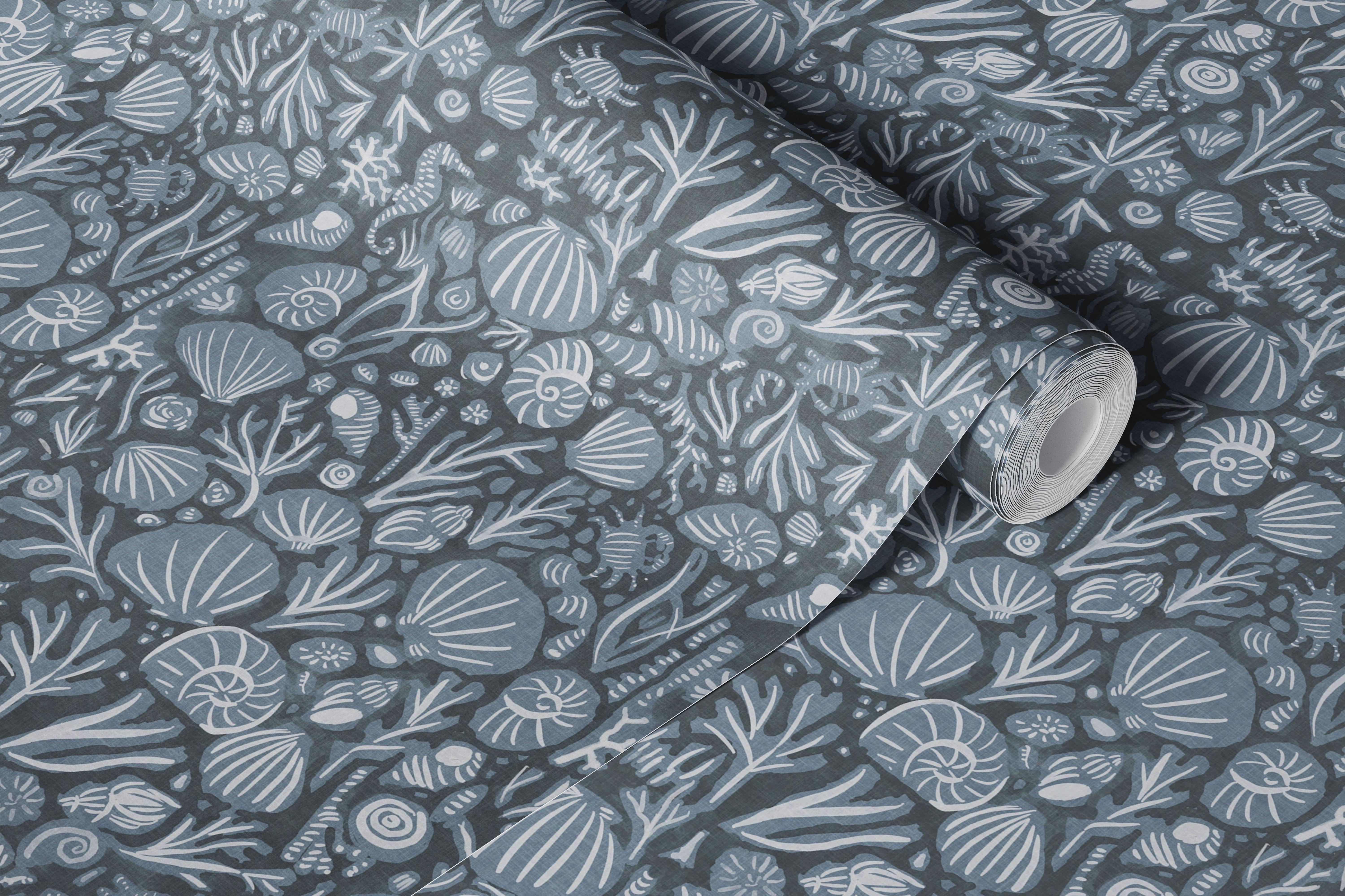 Blue and Grey Coastal Shells and Coral Wallpaper