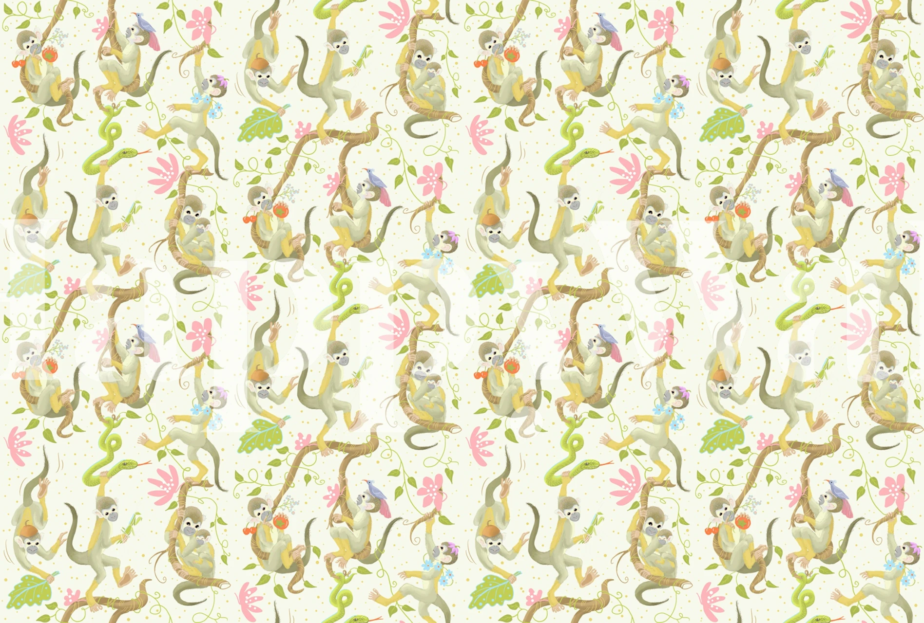 Playful jungle monkeys wallpaper in a room
