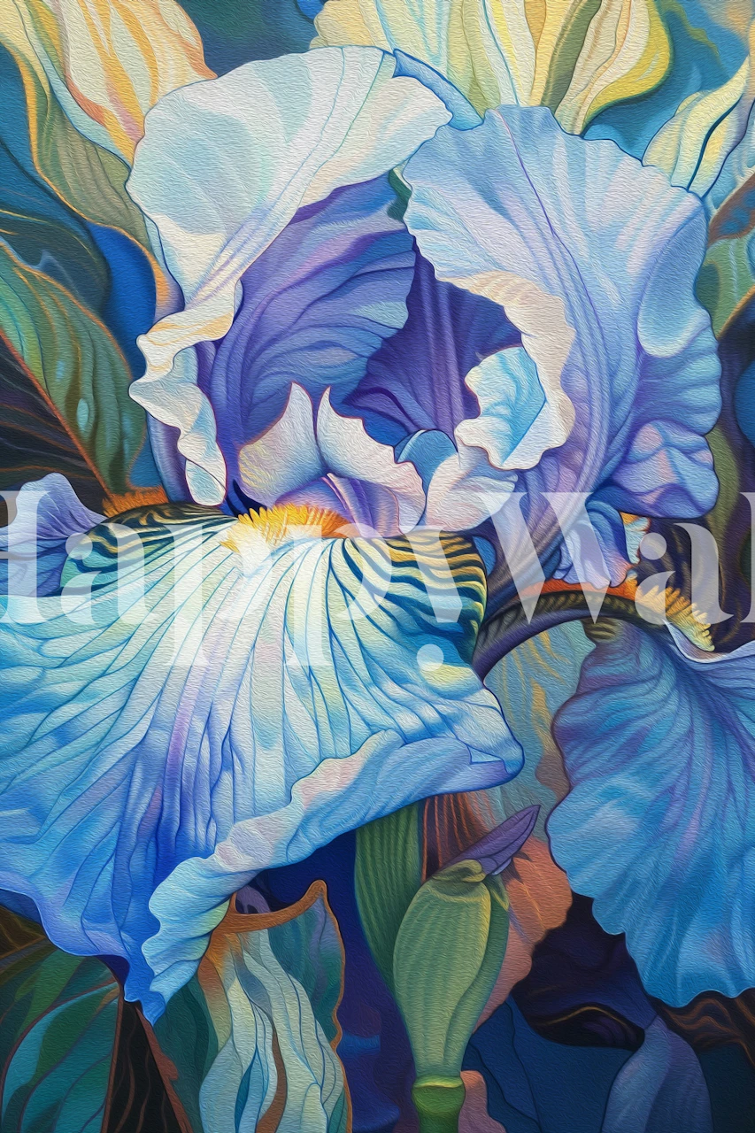 Textured blue iris flower wallpaper in a room
