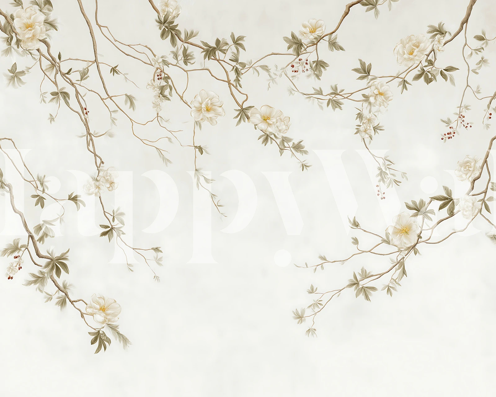 Soft white peony branches wallpaper in a room
