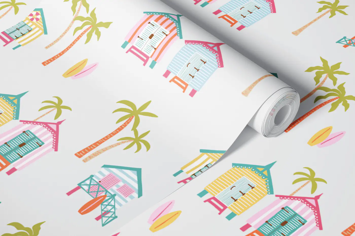 Colourful beach huts wallpaper roll