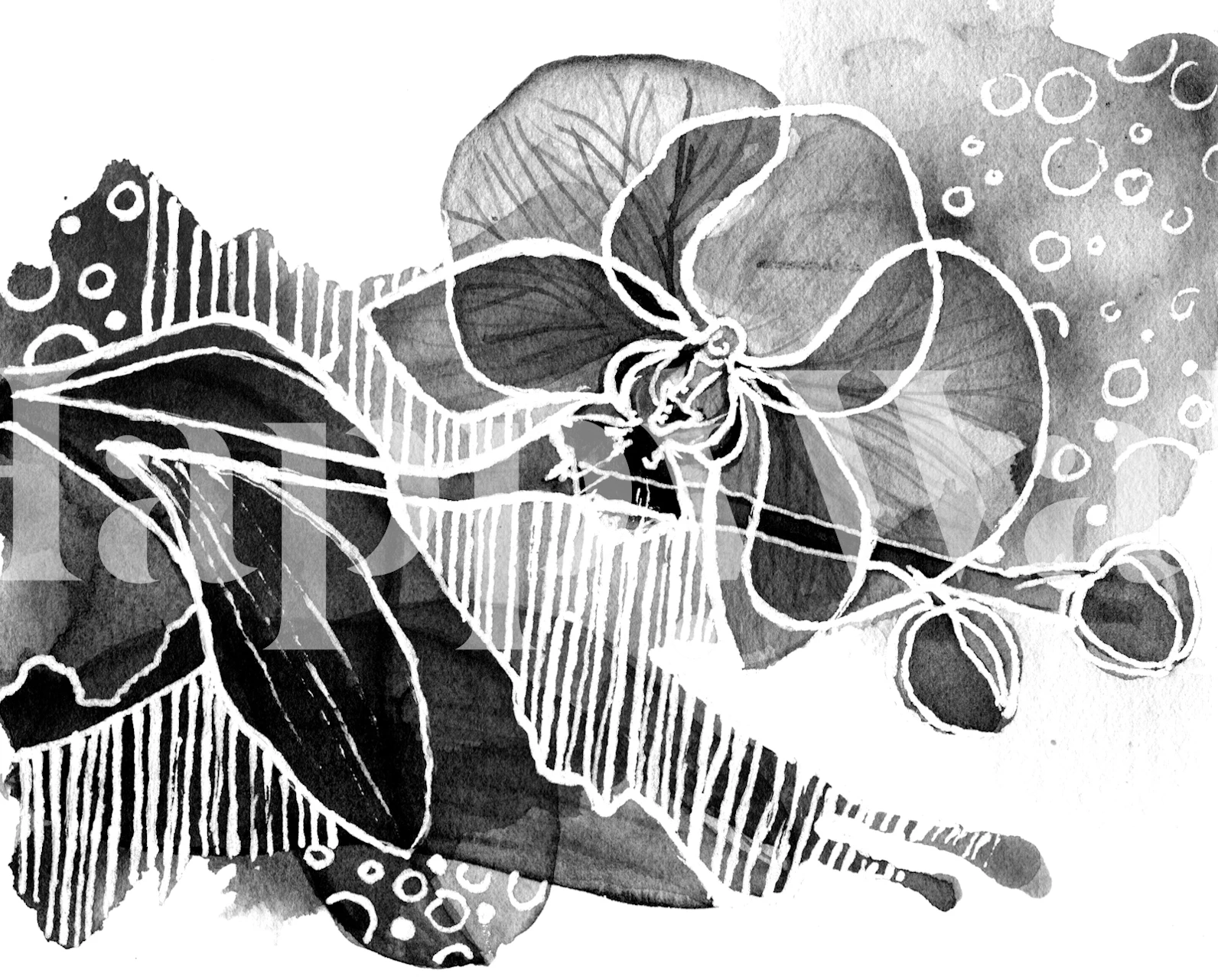 Modern Grayscale Flower Art wallpaper in a room