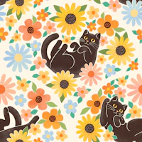 Black Cats in Bloom - Cute Cat Floral wallpaper