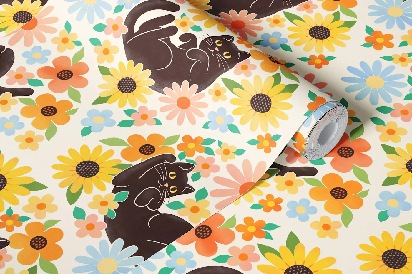 Black Cats in Bloom - Cat Floral - medium wallpaper roll