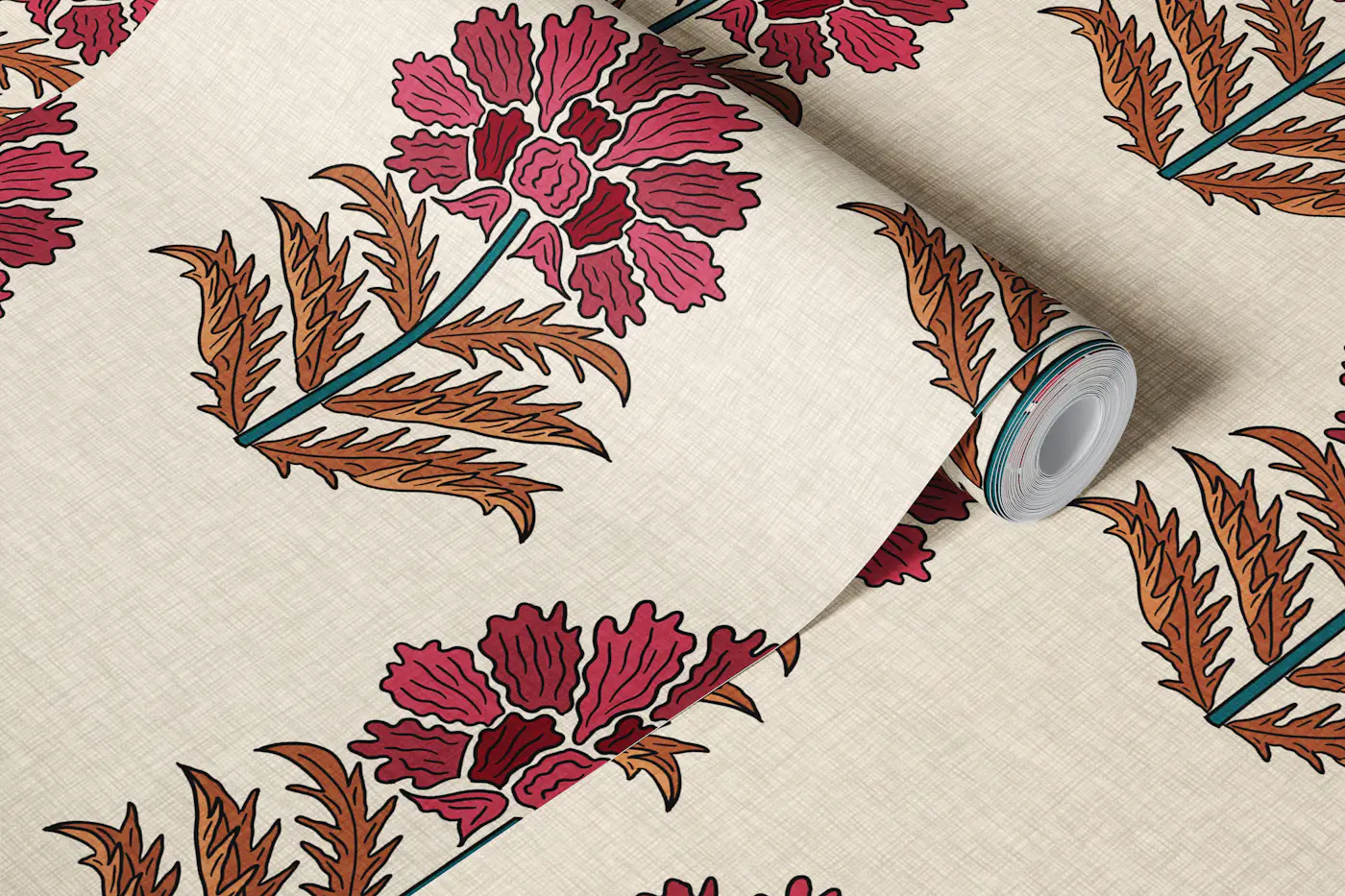 Block Print Flowers - Berry Pink & Caramel wallpaper roll