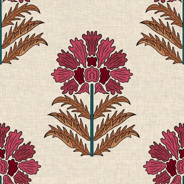 Block Print Flowers - Berry Pink & Caramel