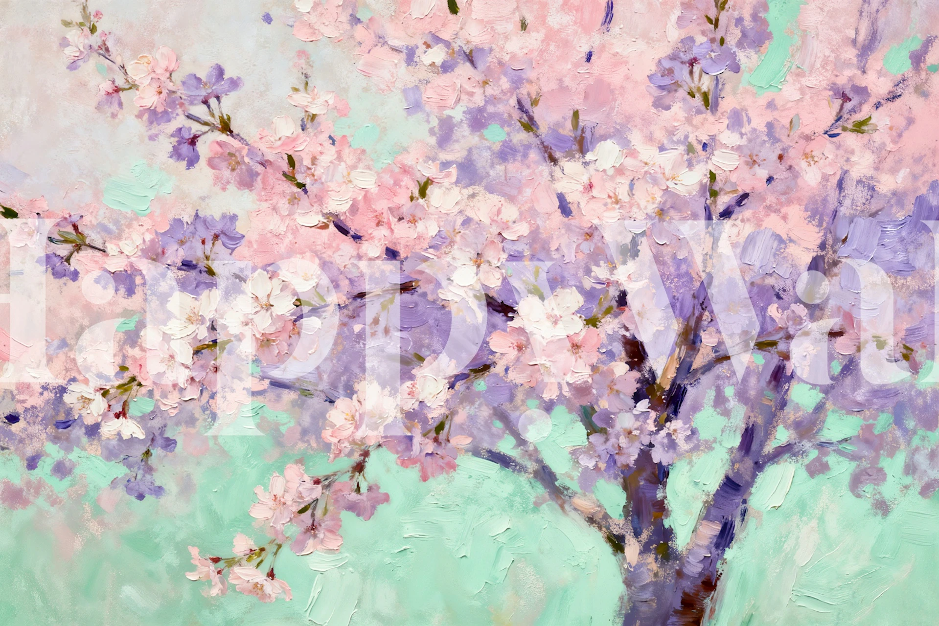 Pastelkleurige kersenbloesemboom behang in een kamer