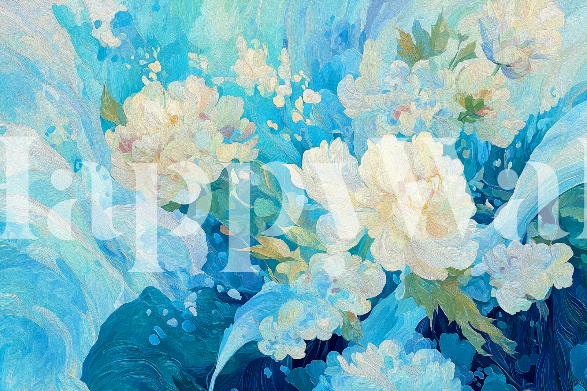 Pastel Peony Blooms Blue wallpaper displayed in a room