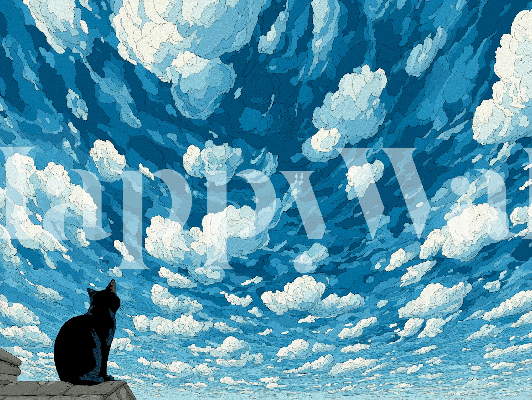 Cat looking up at swirling blue sky wallpaper