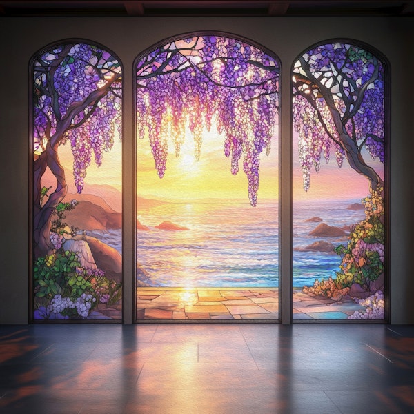 Wisteria Window Over Coastal Sunset