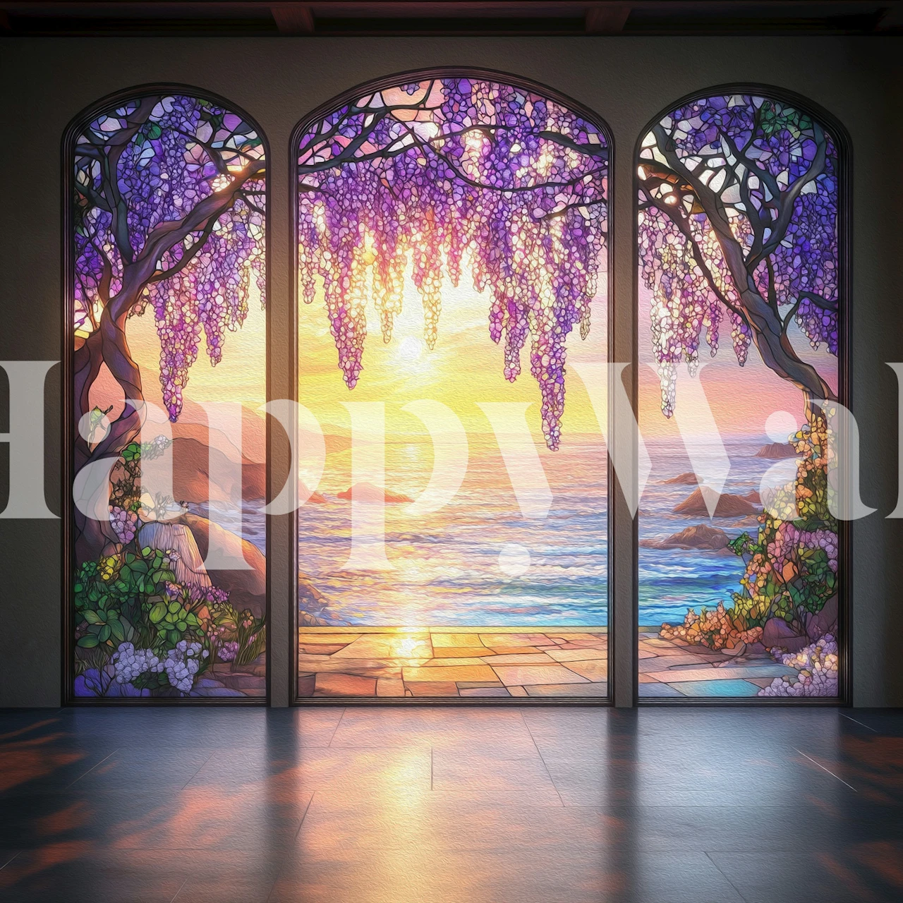 Wisteria window wallpaper with coastal sunset view