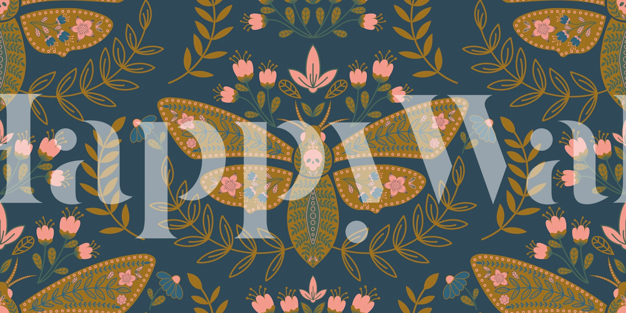 Tapeta z ćmą trupią główką w pokoju w ciemnym niebieskozielonym kolorze