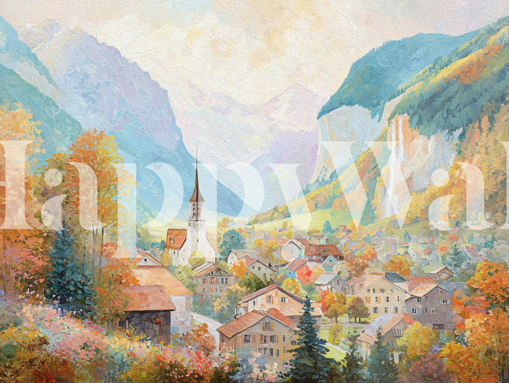 Herfst alpendorp behang in een kamer