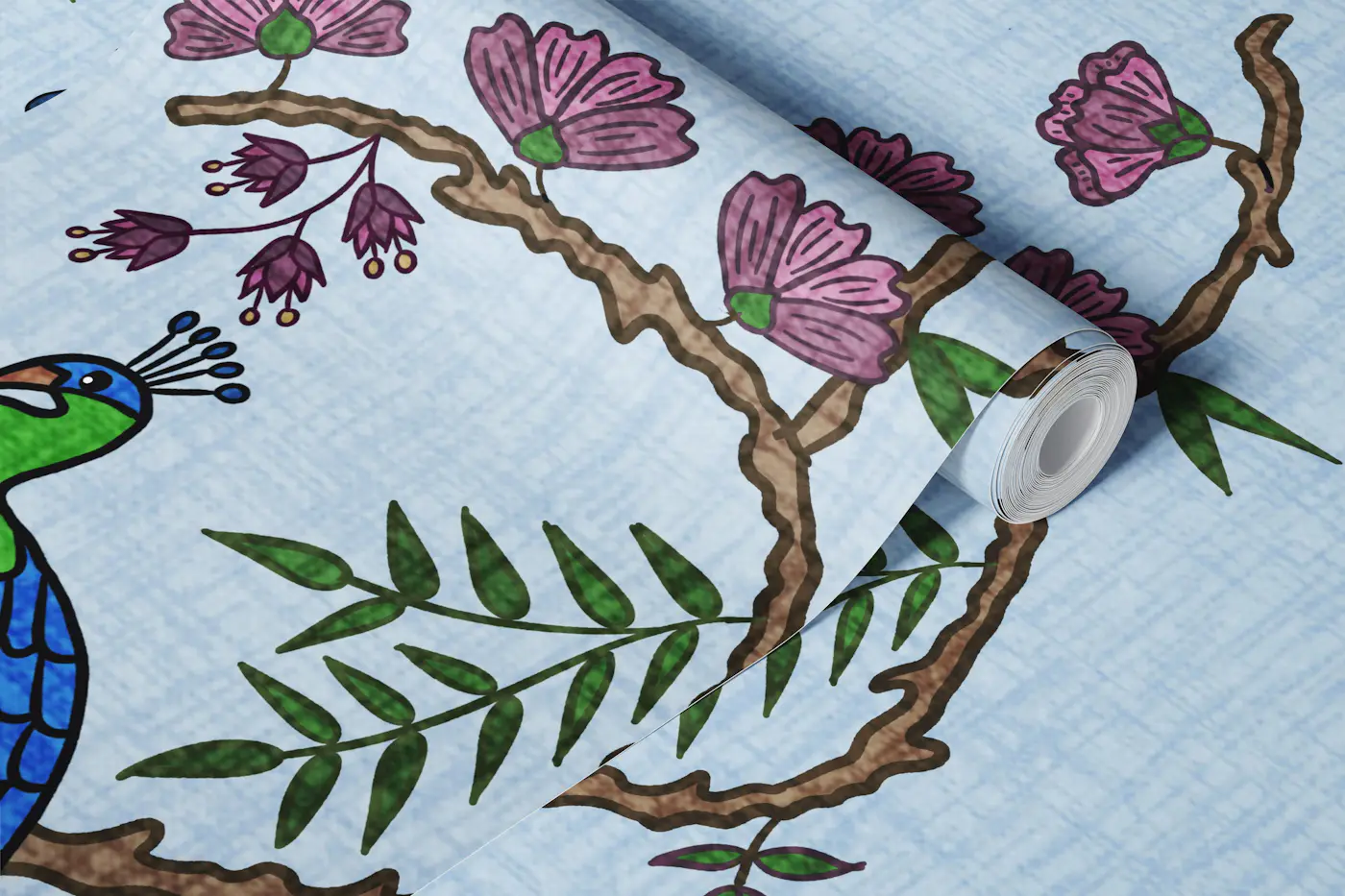 Folk Peacock Chinoiserie wallpaper roll