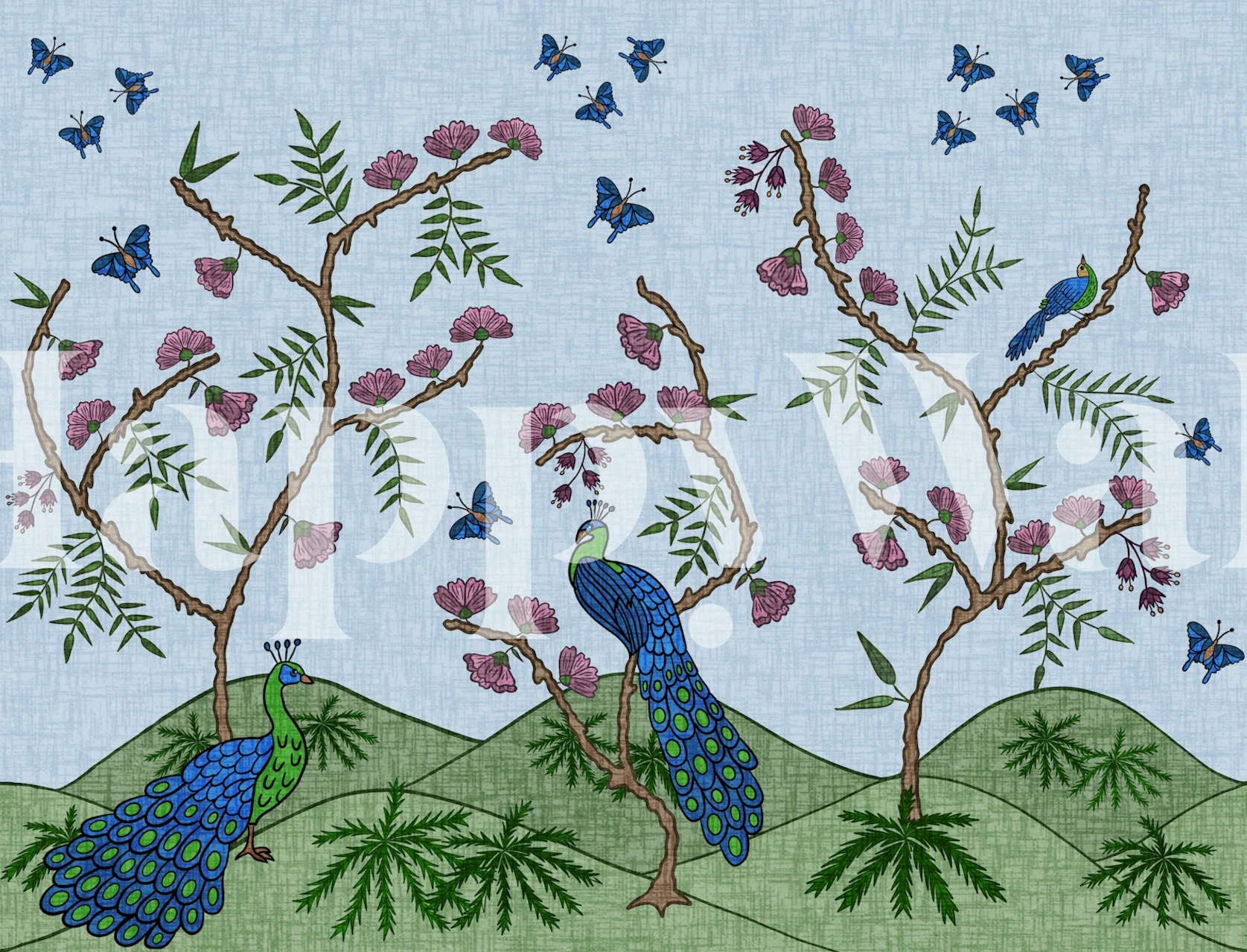 Folk Peacock Chinoiserie wallpaper in a room