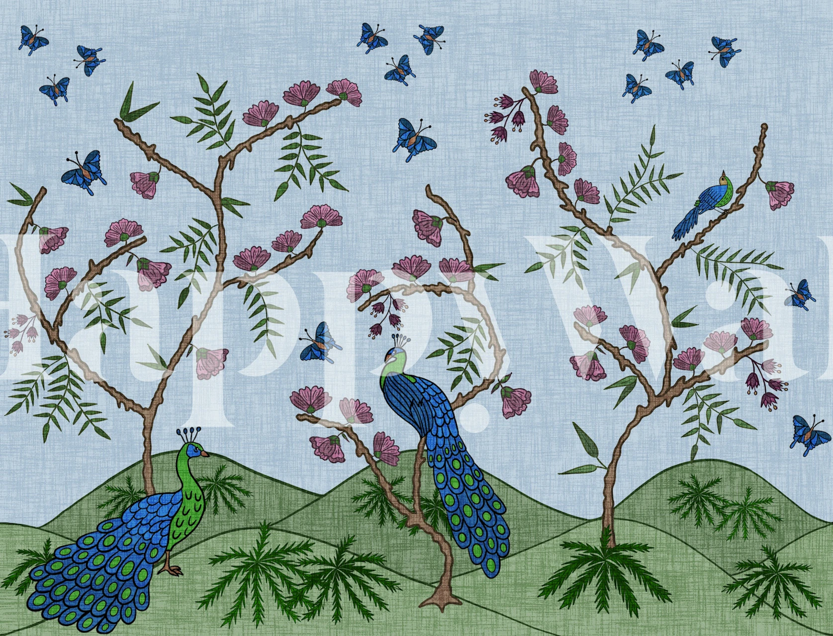Folk Peacock Chinoiserie tapeta v místnosti