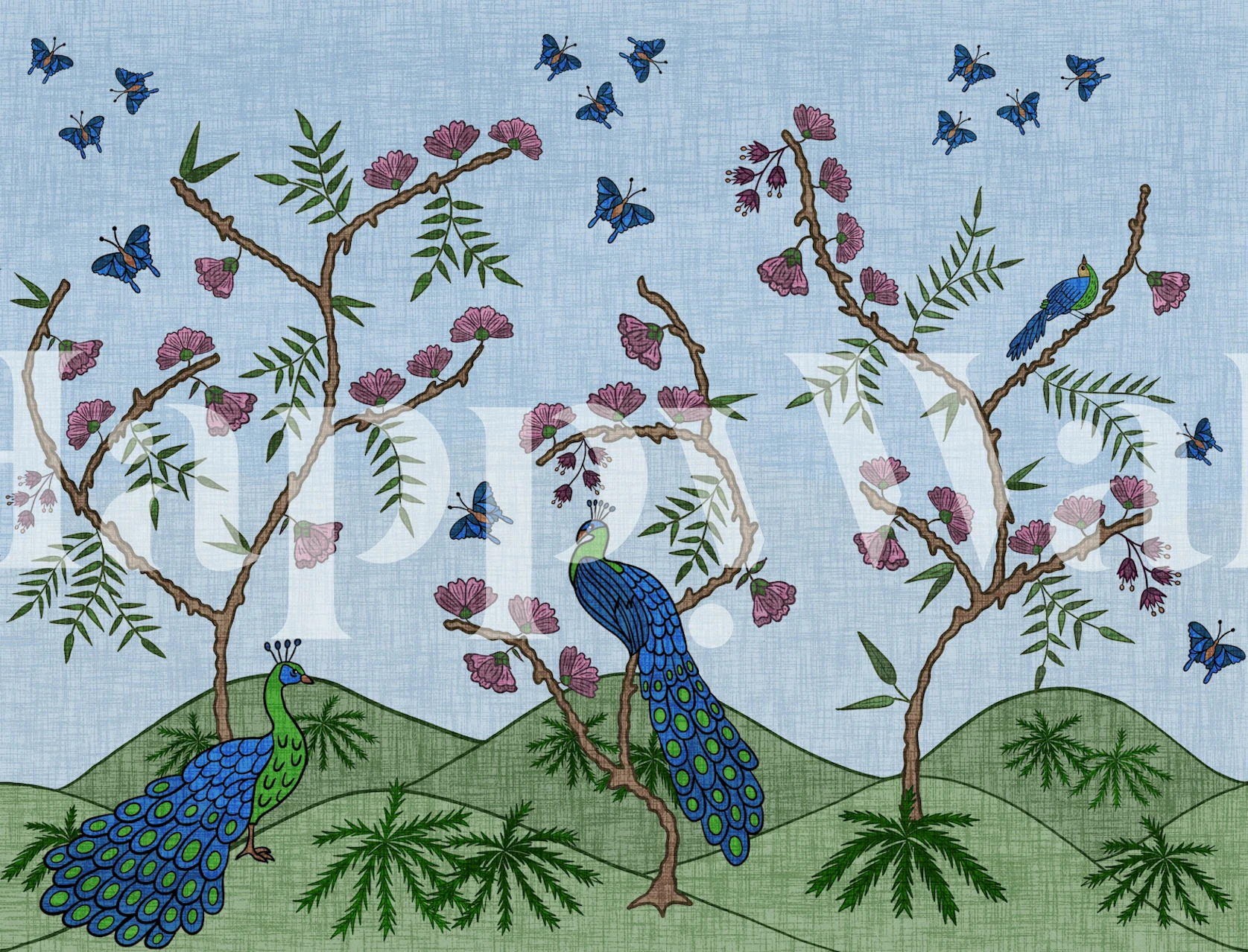 Folk Peacock Chinoiserie Tapete in einem Zimmer