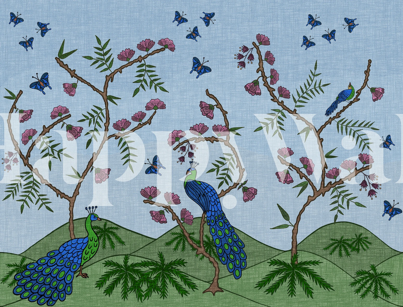 Folk Peacock Chinoiserie tapet i ett rum