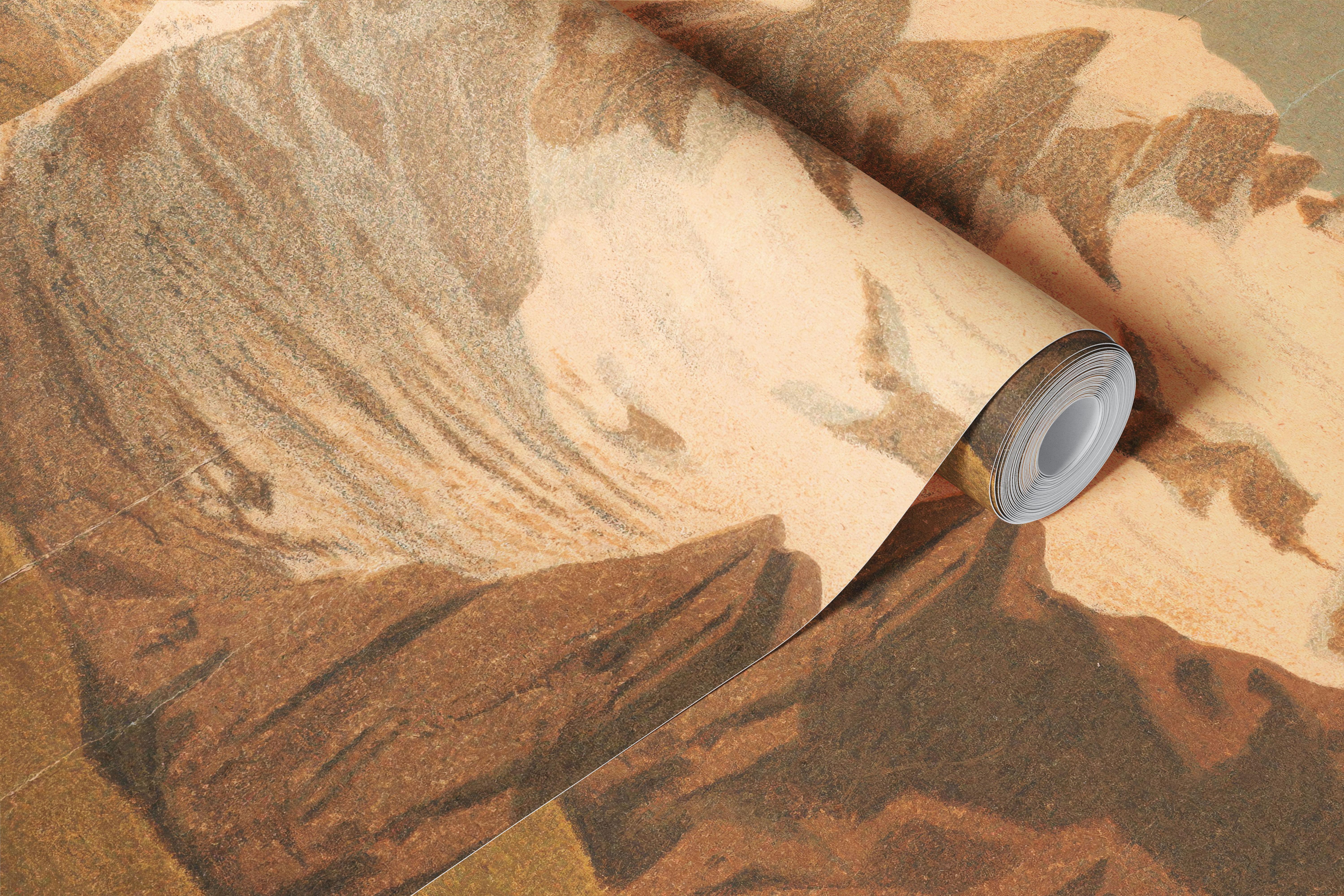 Vintažinis kalnų peizažo tapetas kambaryje