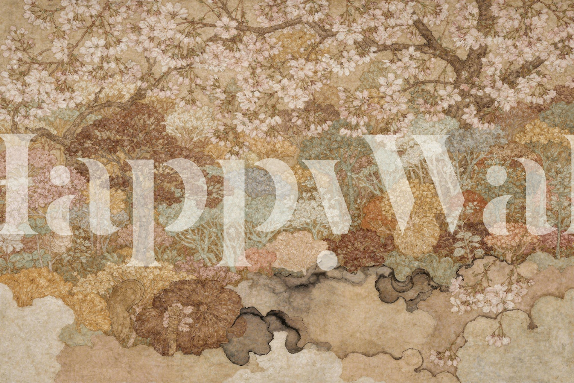 Vintage cherry blossom canopy wallpaper in a room