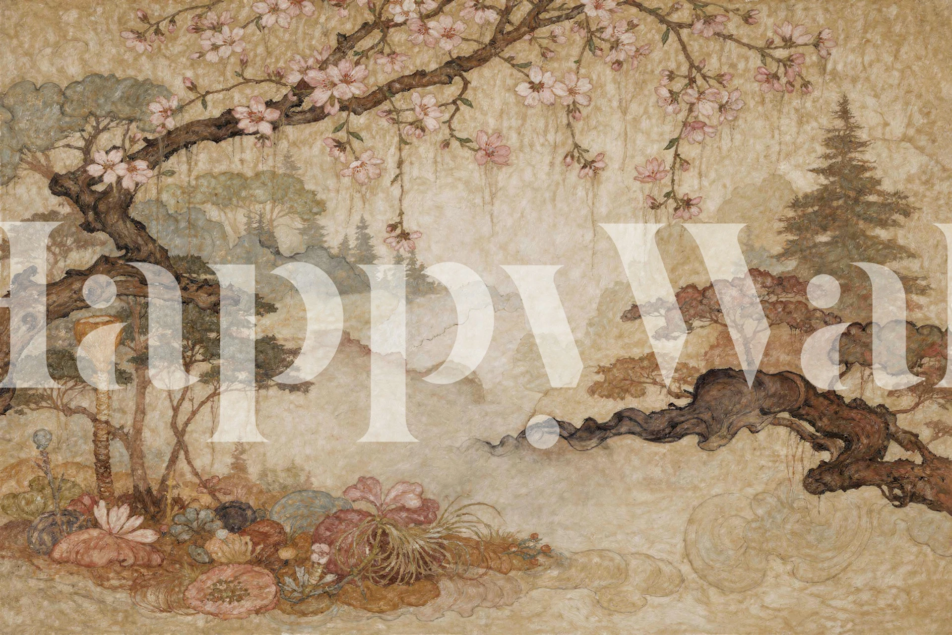Cherry Blossom Mist Landscape wallpaper in a room