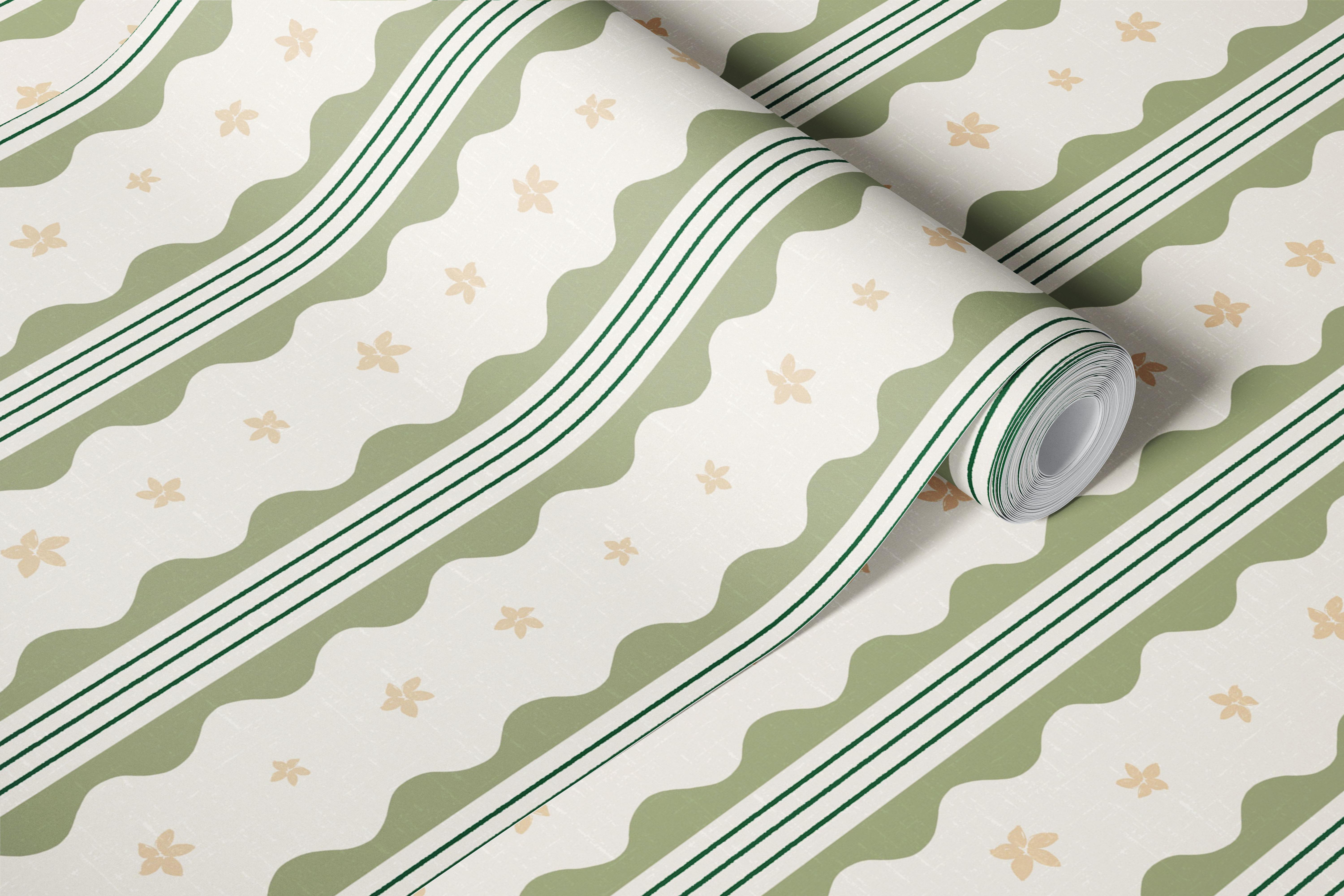 Cottage sage stripe wallpaper with flowers