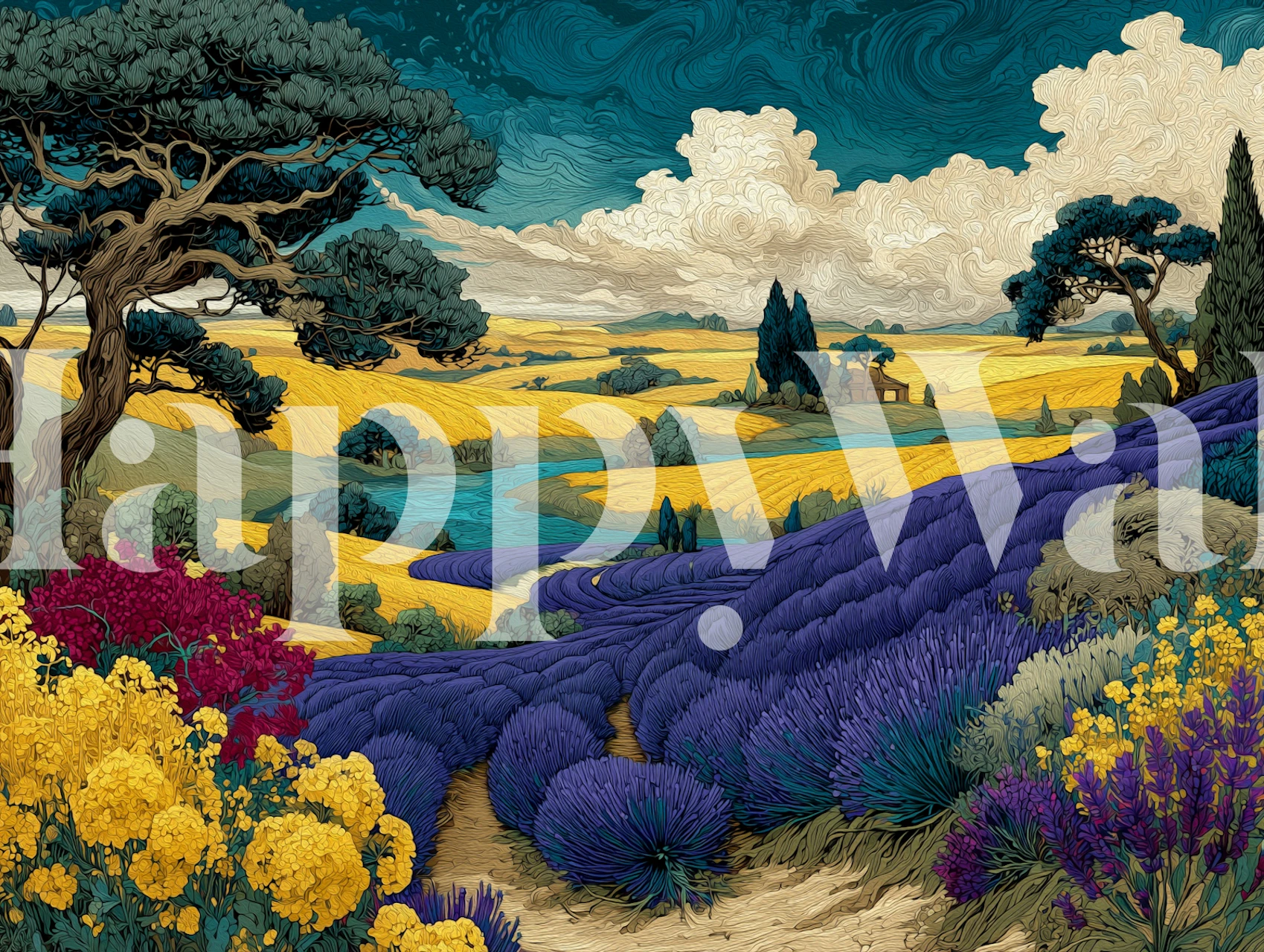 Provence Lavender Fields wallpaper in room setting