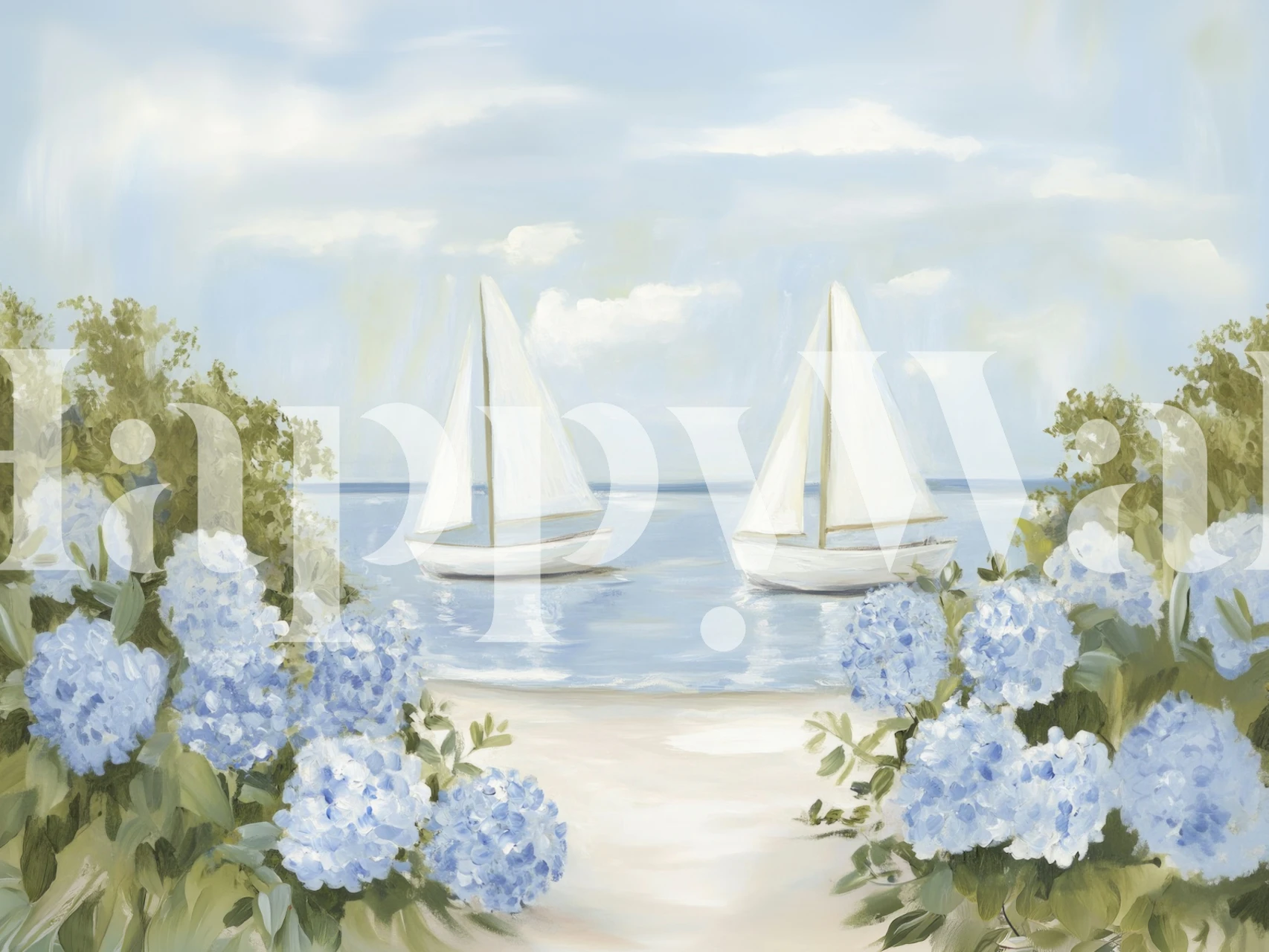Coastal sailboats wallpaper in a room