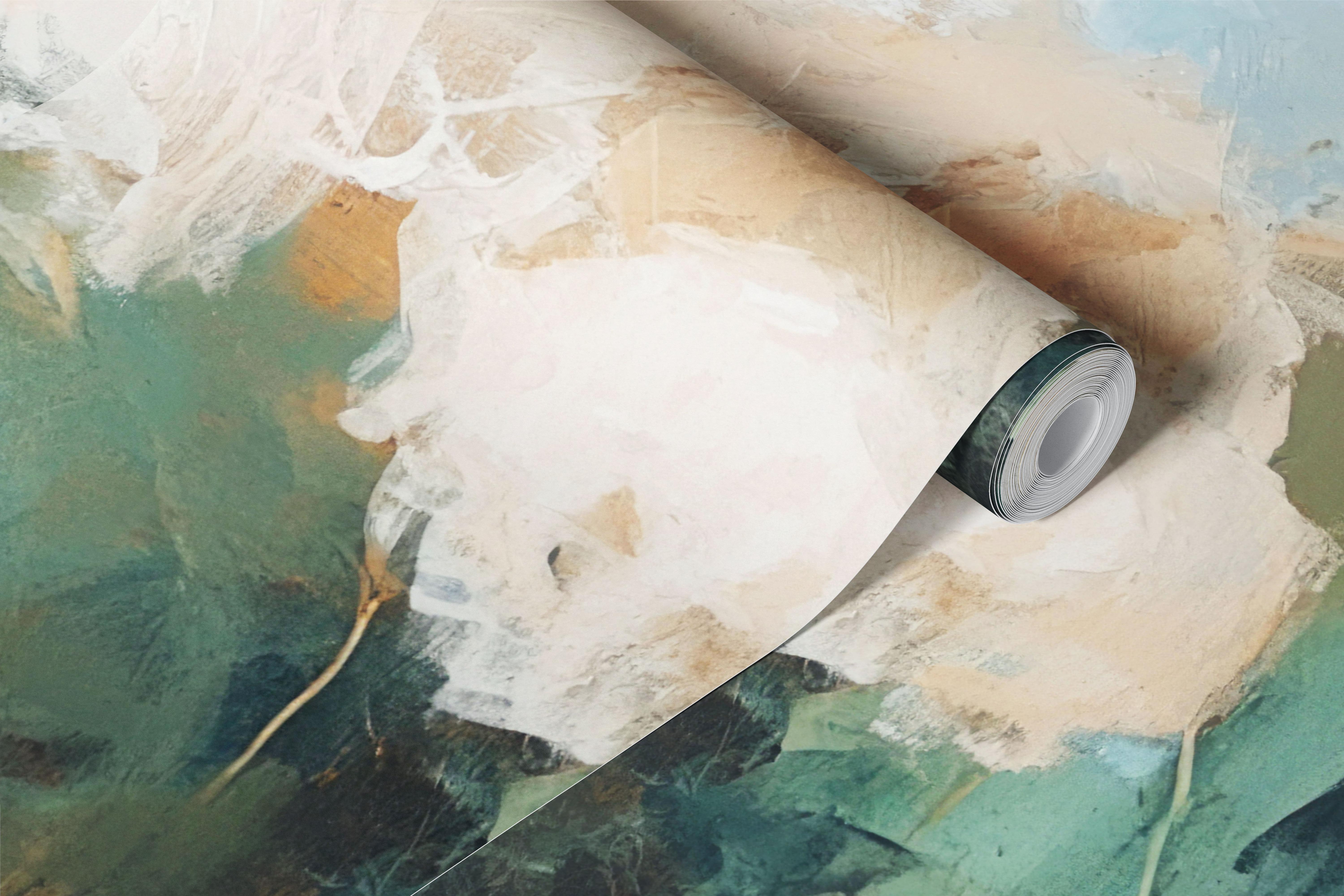 Sage teal and sand haze wallpaper in a room