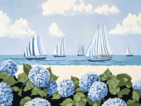 Coastal Sailboats and Blue Hydrangeas