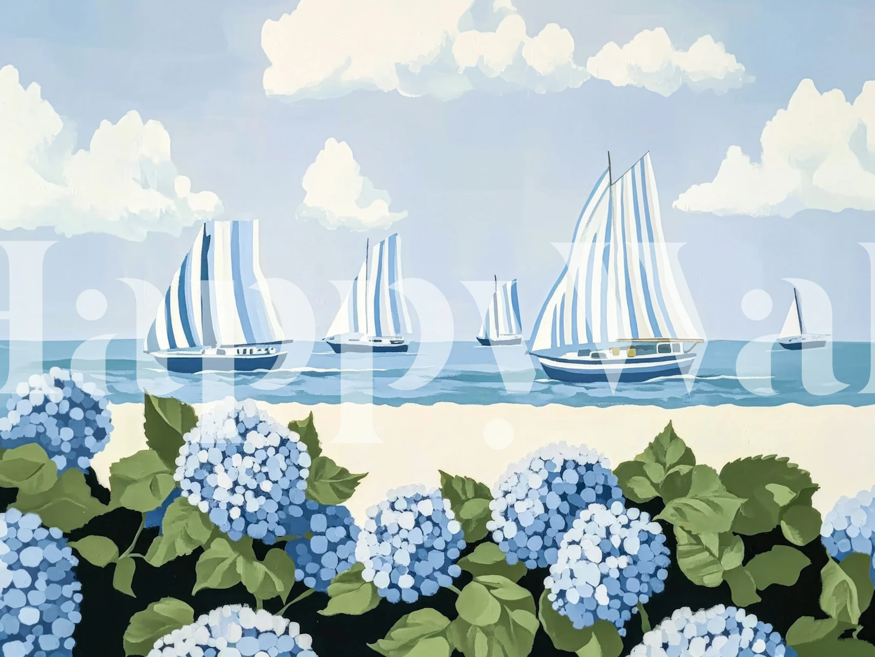 Coastal sailboats and blue hydrangeas wallpaper