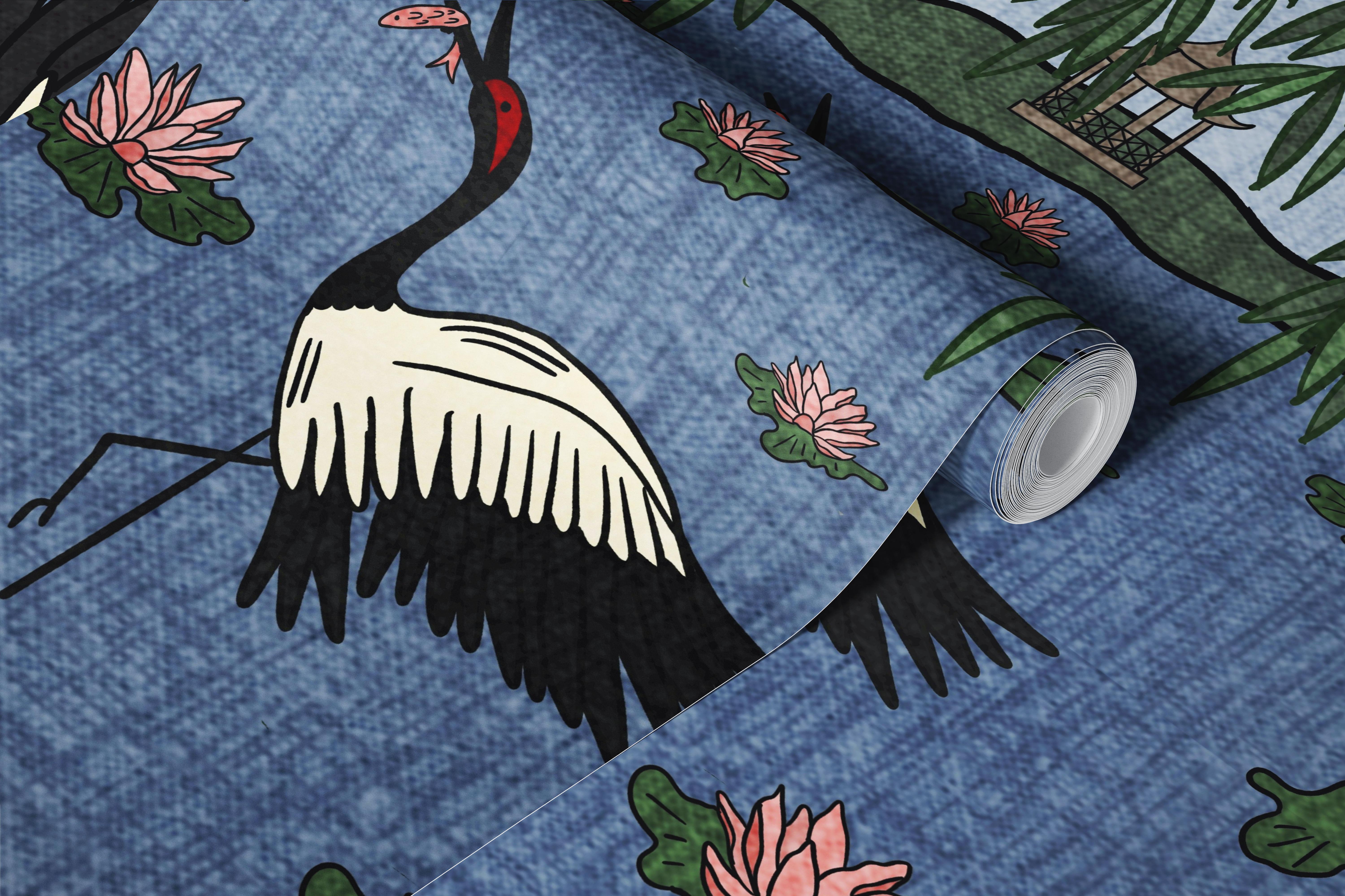 Cranes and willow trees wallpaper in a room
