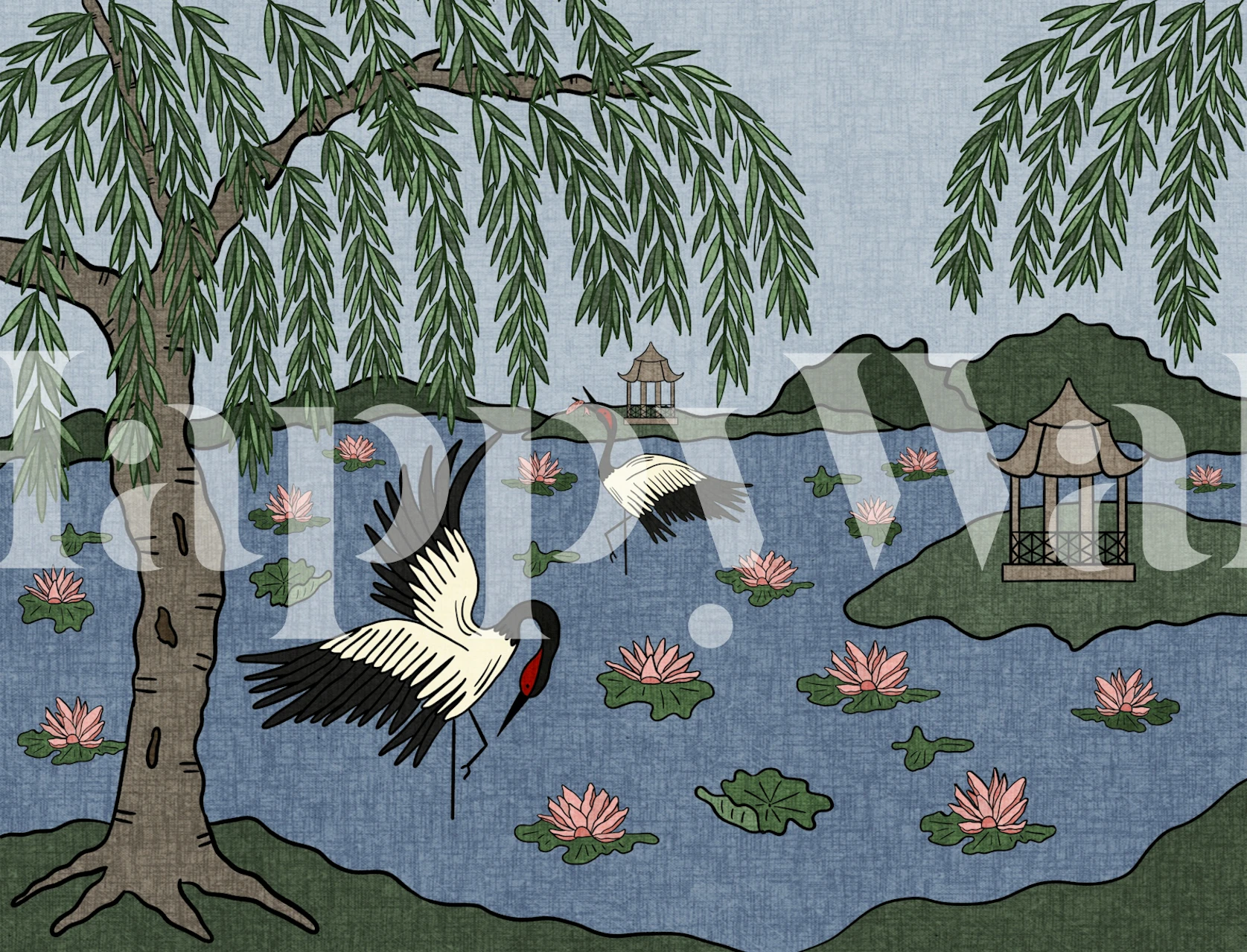 Cranes and willow trees wallpaper in a room