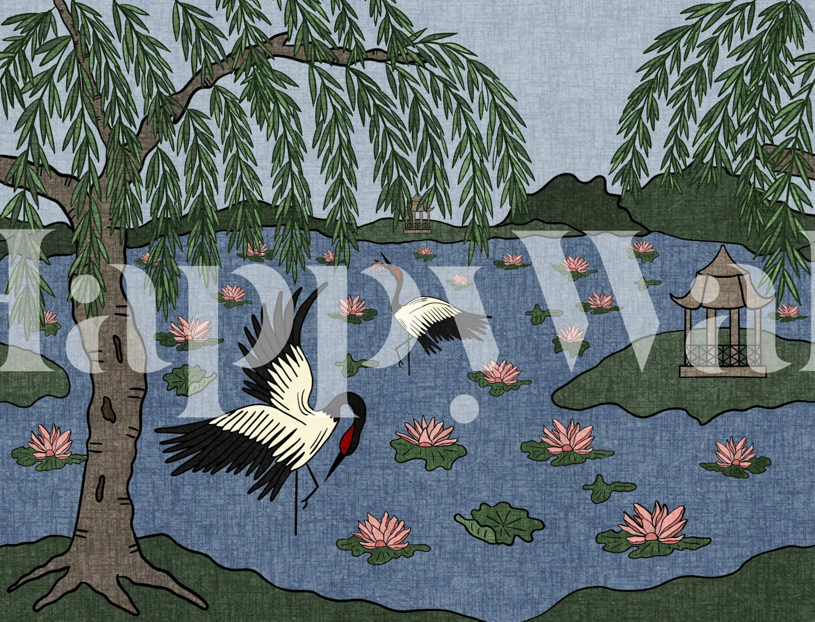 Cranes and willow trees wallpaper in a room